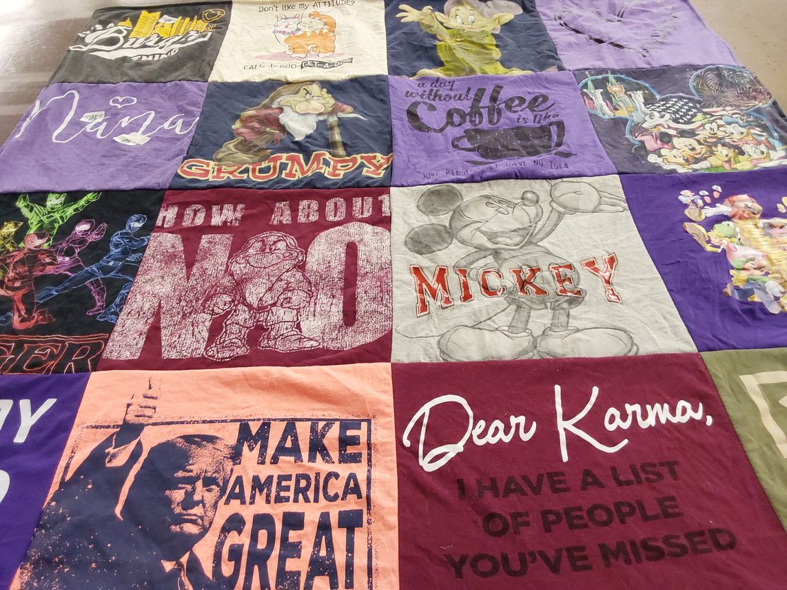 T-shirt quilt with disney, coffee themes by Yolanda from FL