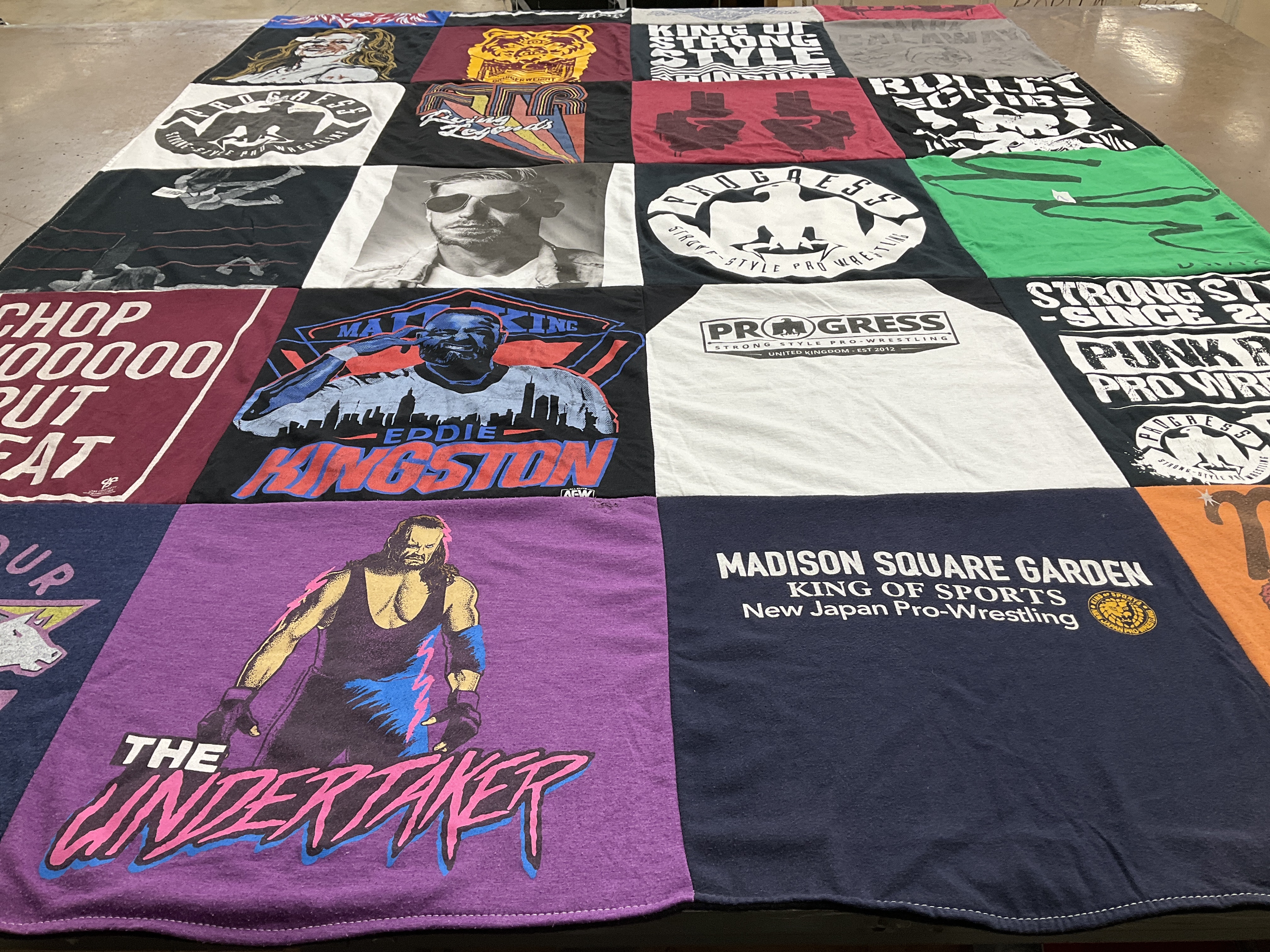 T-shirt quilt with professional wrestling themes by Tyler from IL
