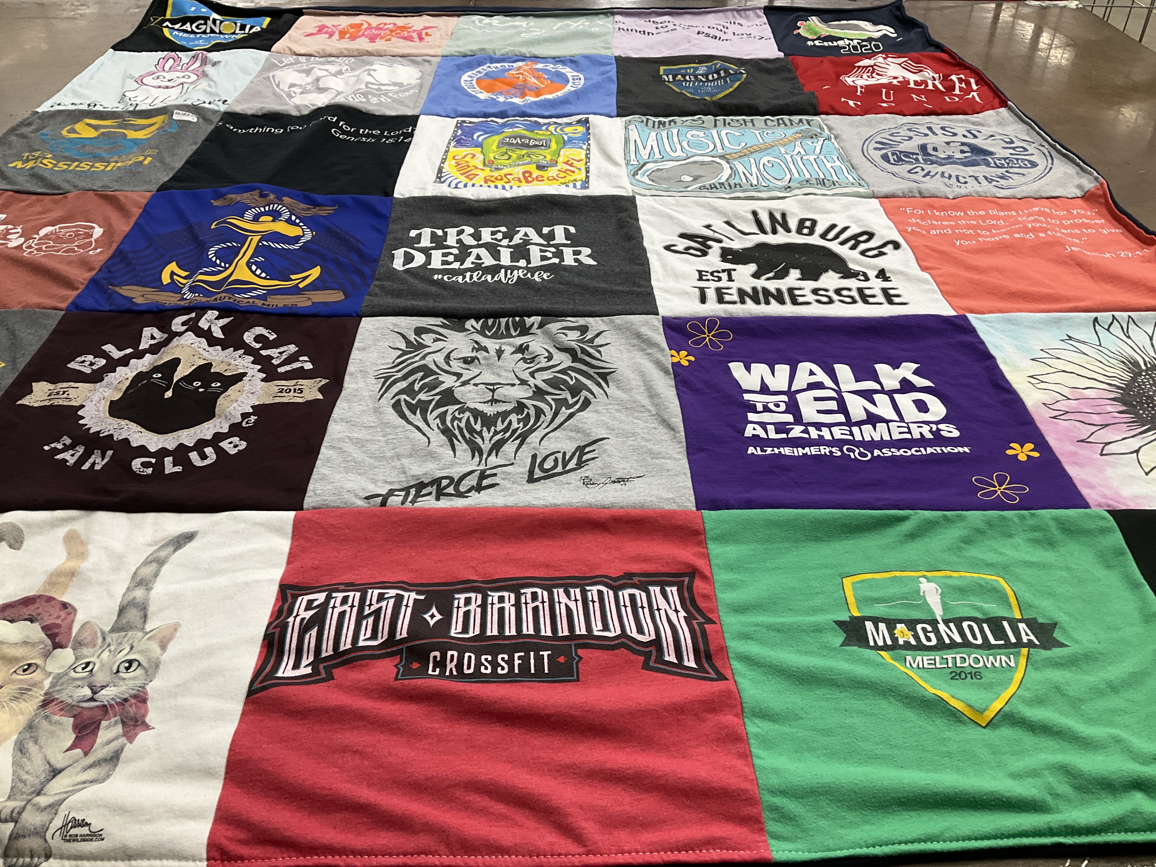 T-shirt quilt with fitness, alzheimer's awareness themes by Stacie from MS