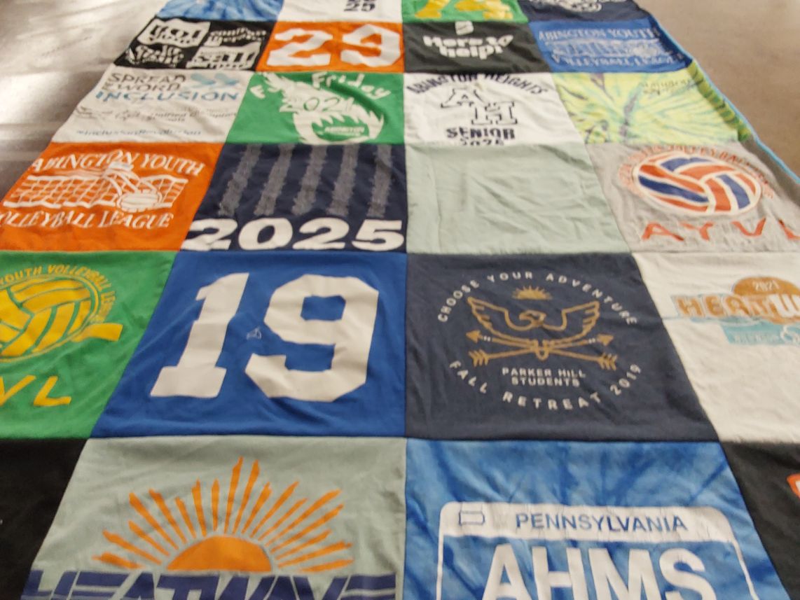 T-shirt quilt with volleyball, youth activities themes by Betsy from PA