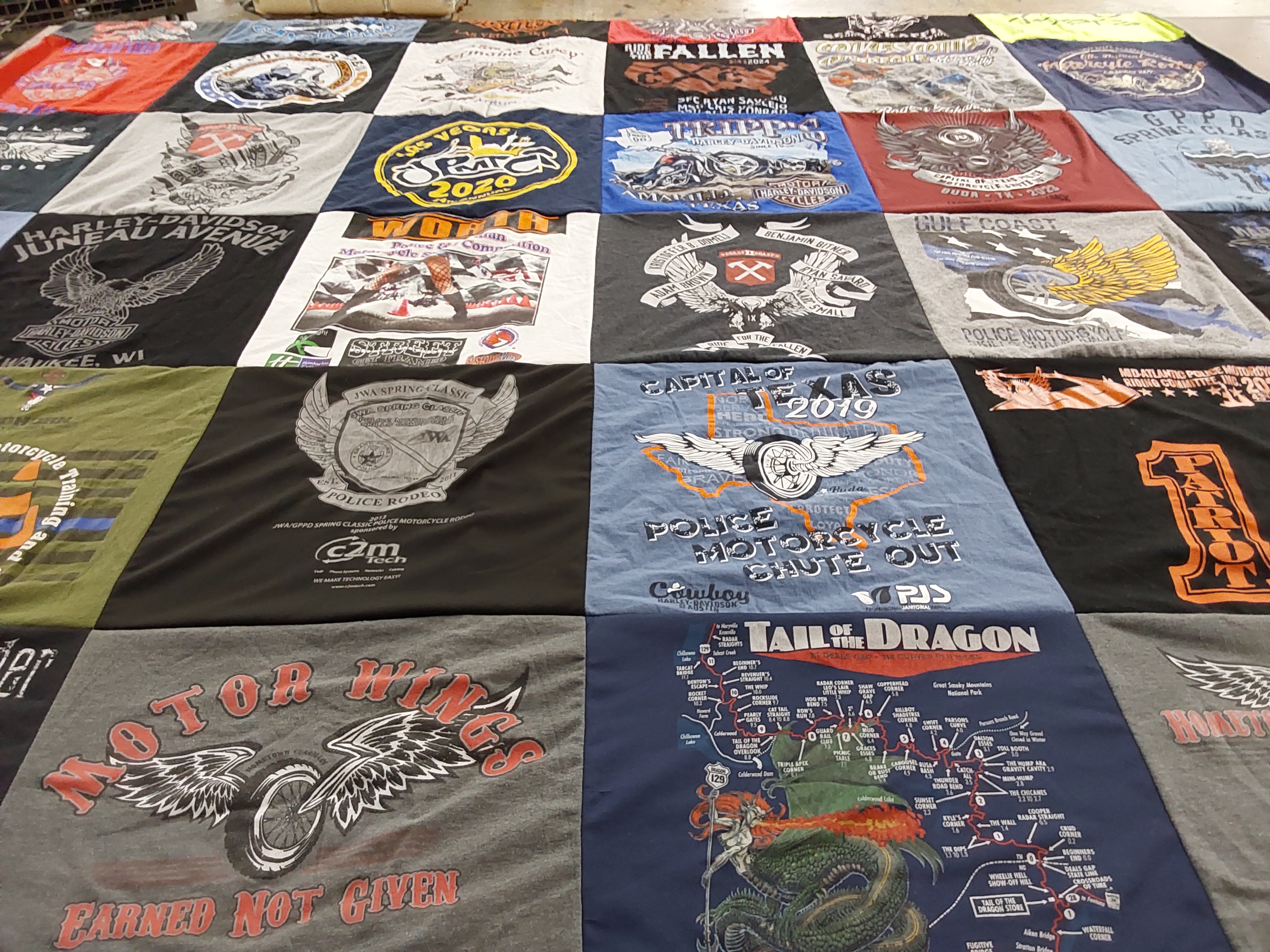 T-shirt quilt with motorcycles, law enforcement themes by Ken from TX
