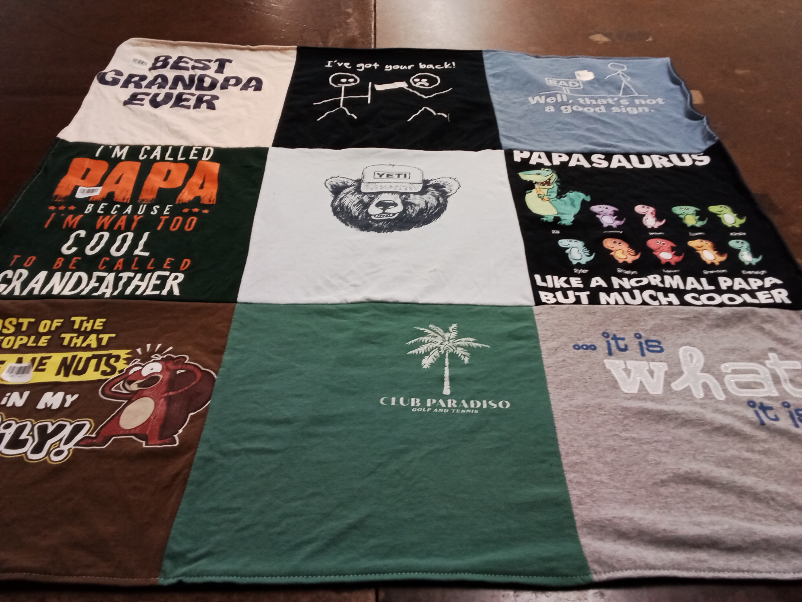 T-shirt quilt with family, grandparenting themes by Dan from MI