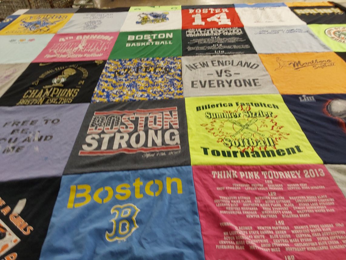 T-shirt quilt with basketball, softball themes by Morgan from MA
