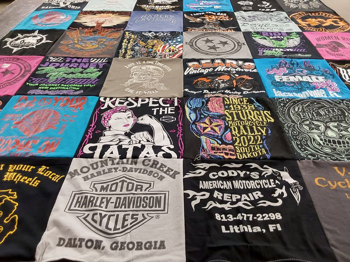 T-shirt quilt with motorcycles, biking themes by Lynda from FL