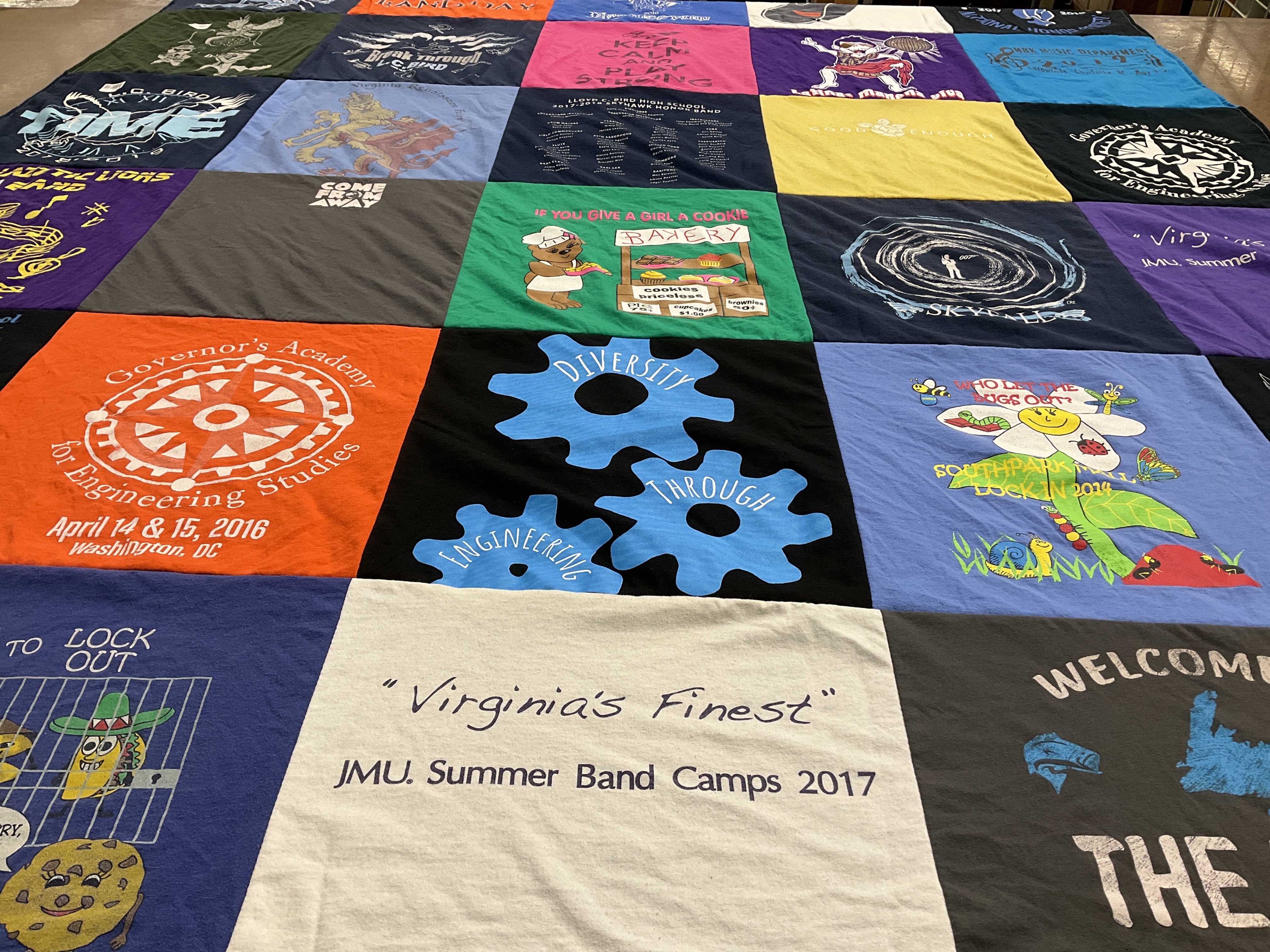 T-shirt quilt from james madison university, governor's academy for engineering studies by Rebecca from VA