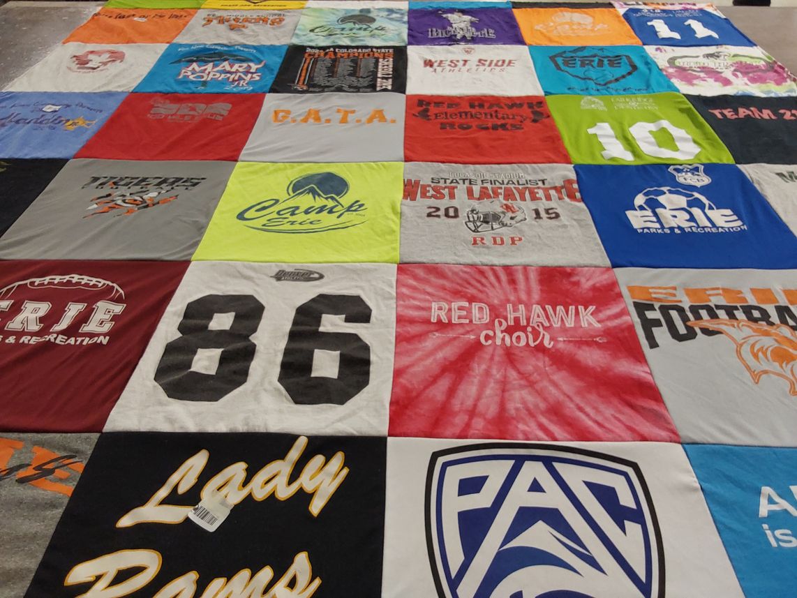 T-shirt quilt featuring red hawks, lady rams by Lindsay from CO