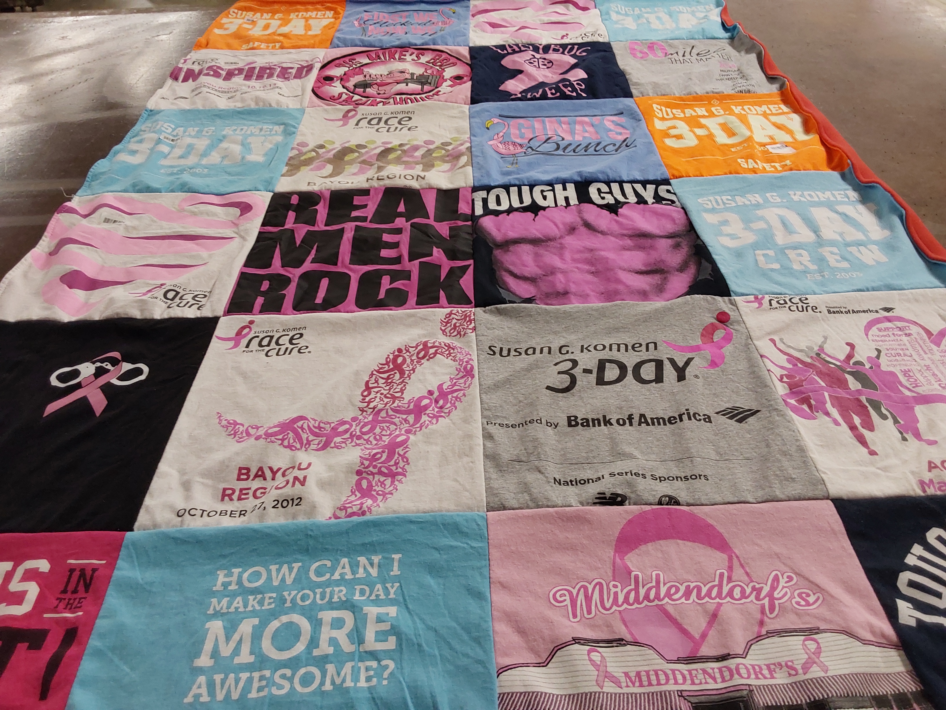T-shirt quilt with breast cancer awareness, charity events themes by Willard from LA