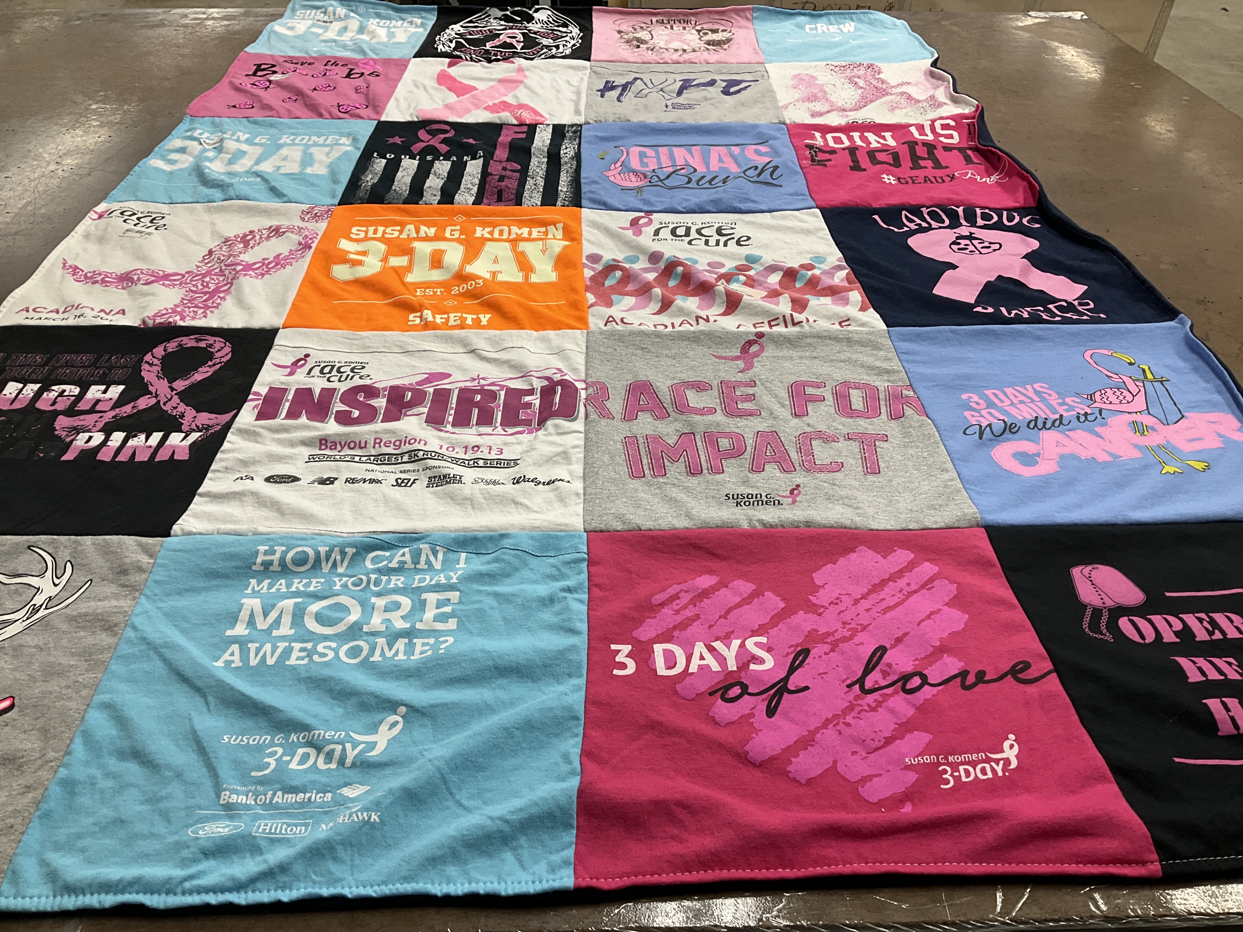T-shirt quilt with breast cancer awareness themes by Willard from LA