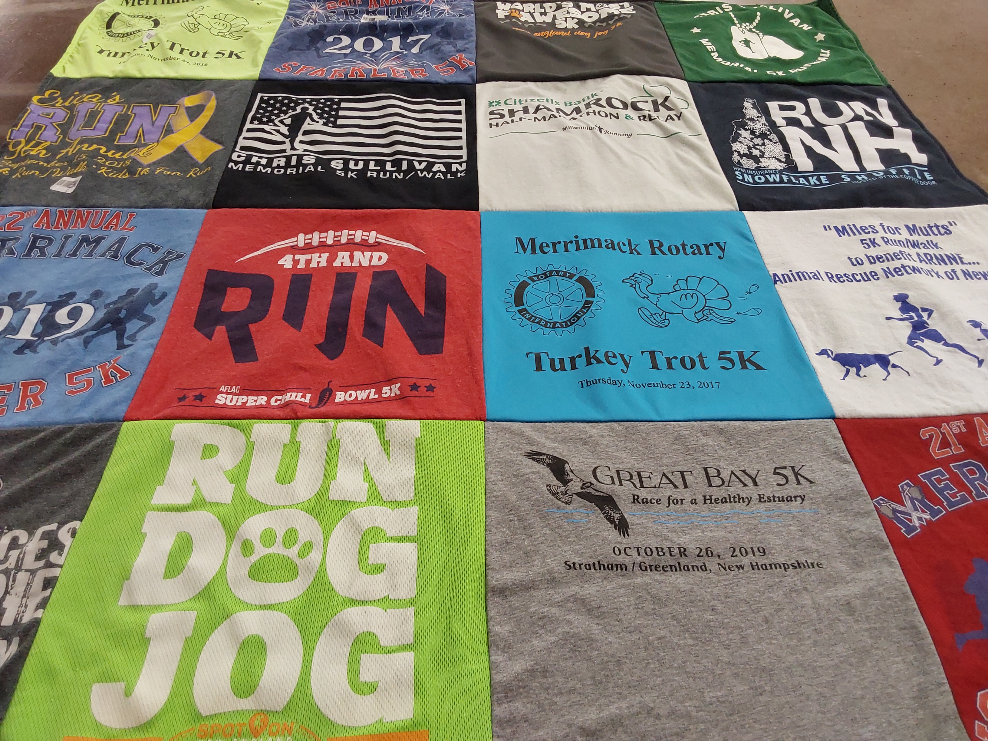 T-shirt quilt with running, fitness themes by LINDA from NH