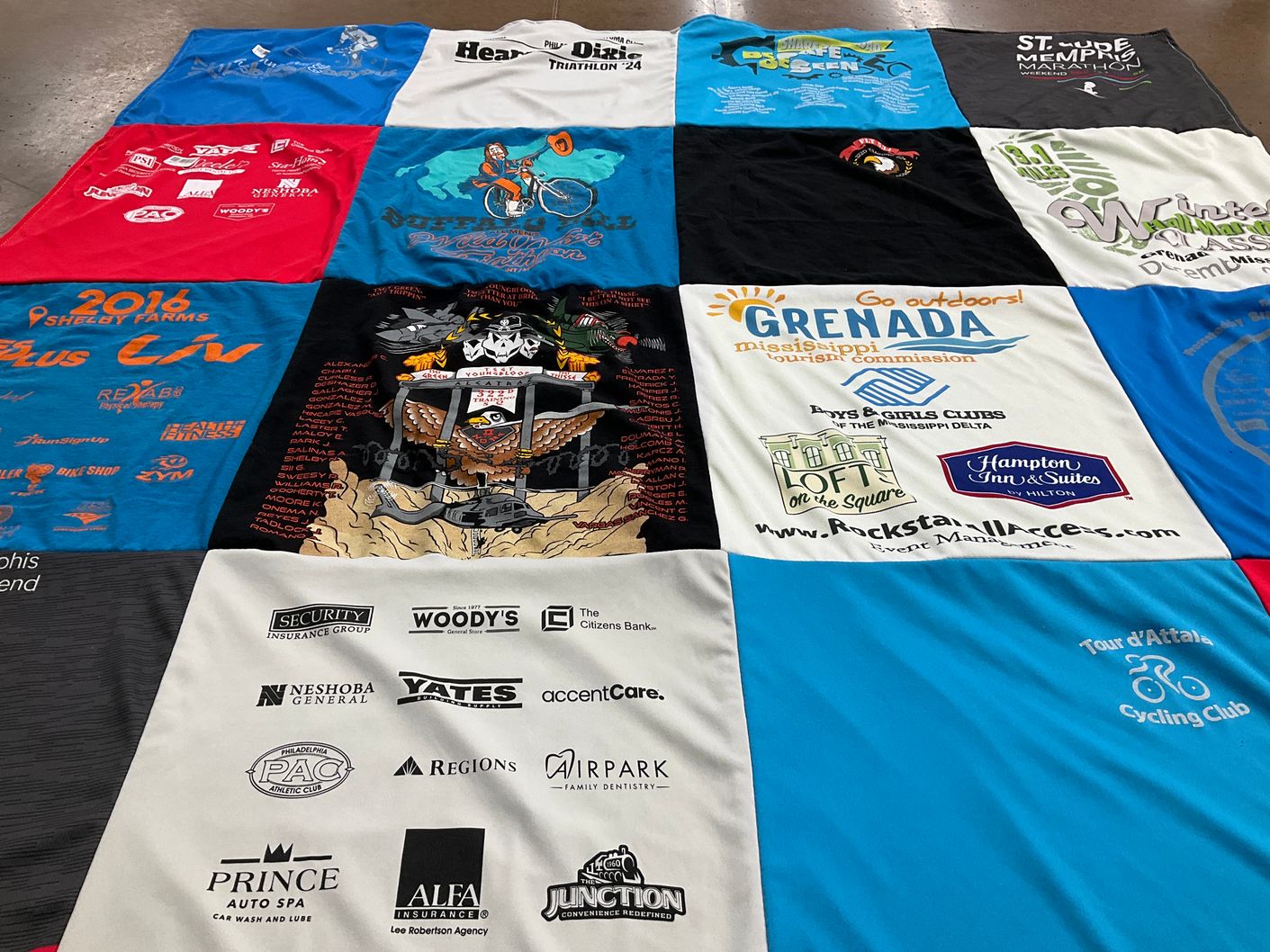 T-shirt quilt with cycling, outdoor activities themes by Gwendolyn from TN