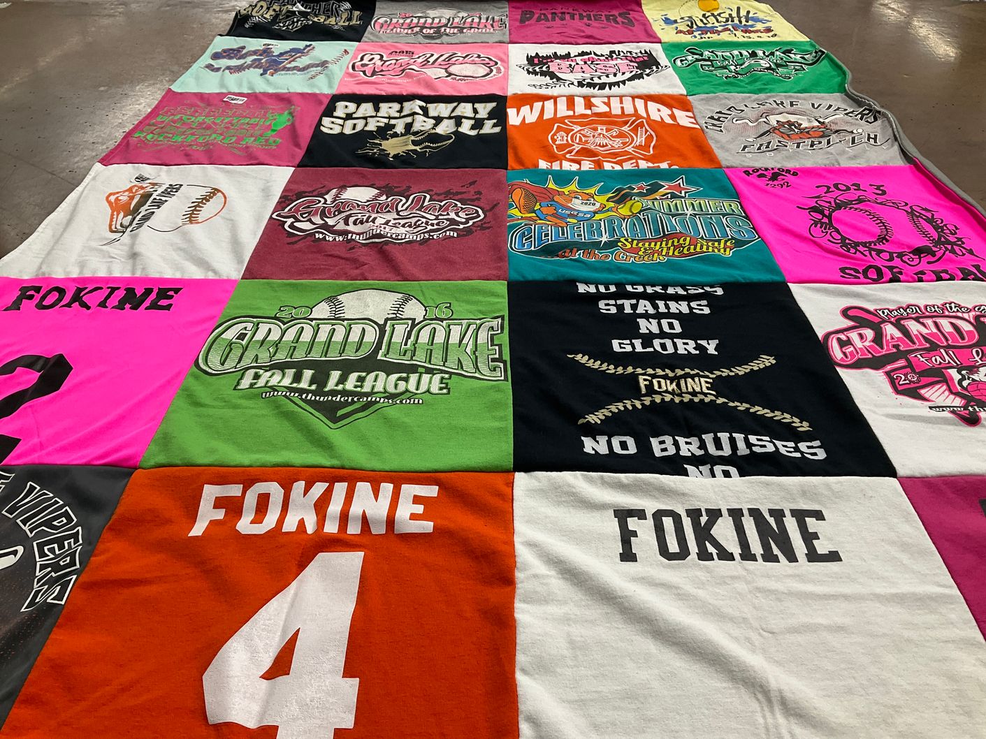 T-shirt quilt with sports, softball themes by Megan from OH