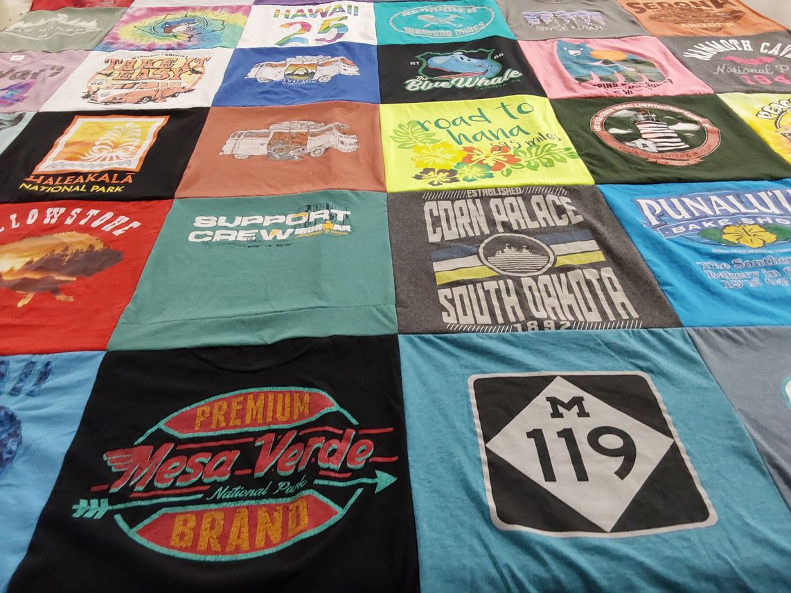 T-shirt quilt with travel, nature themes by Victoria from MI