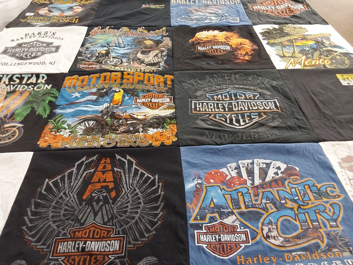T-shirt quilt with motorcycling, travel themes by Honor from NJ