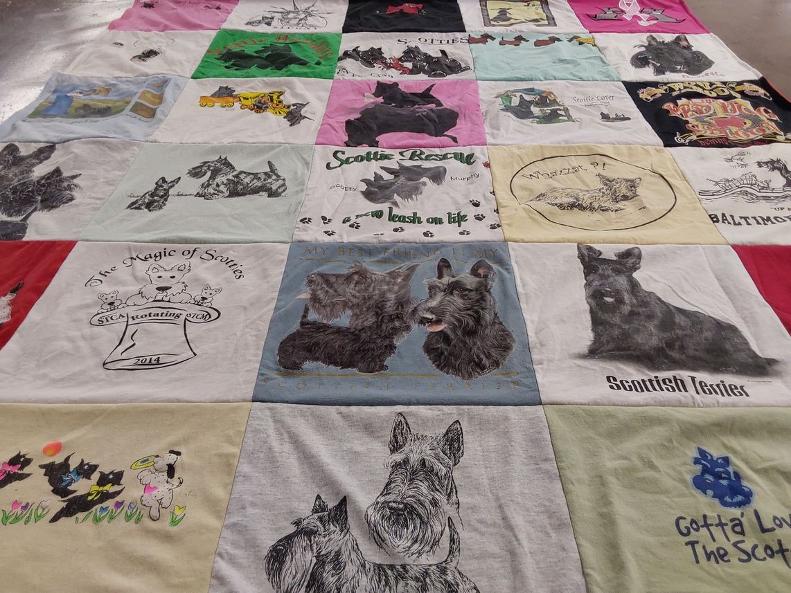 T-shirt quilt with dogs, scottish terriers themes by Kathy from MD