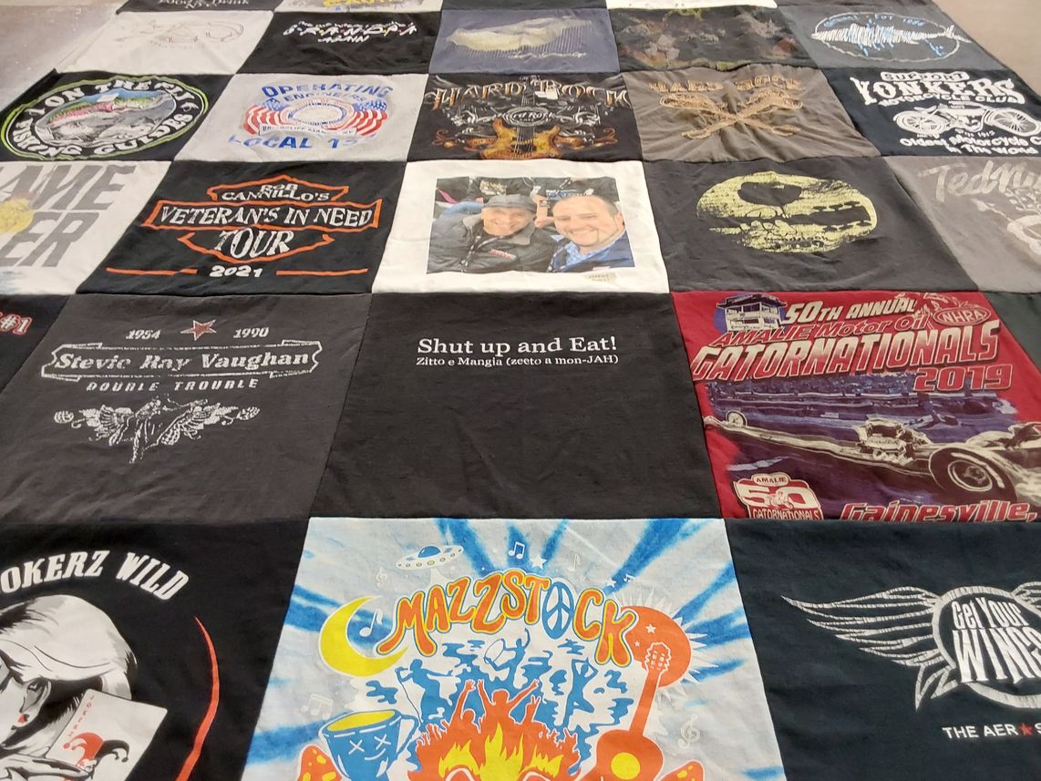 T-shirt quilt with music, motor sports themes by Karen from NY