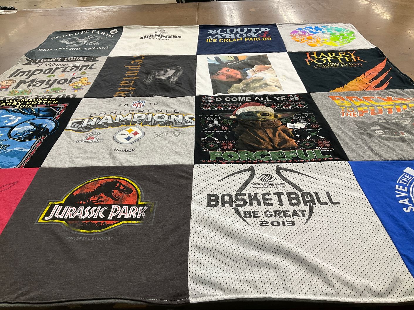 T-shirt quilt with sports, movies themes by Jeanette from OR