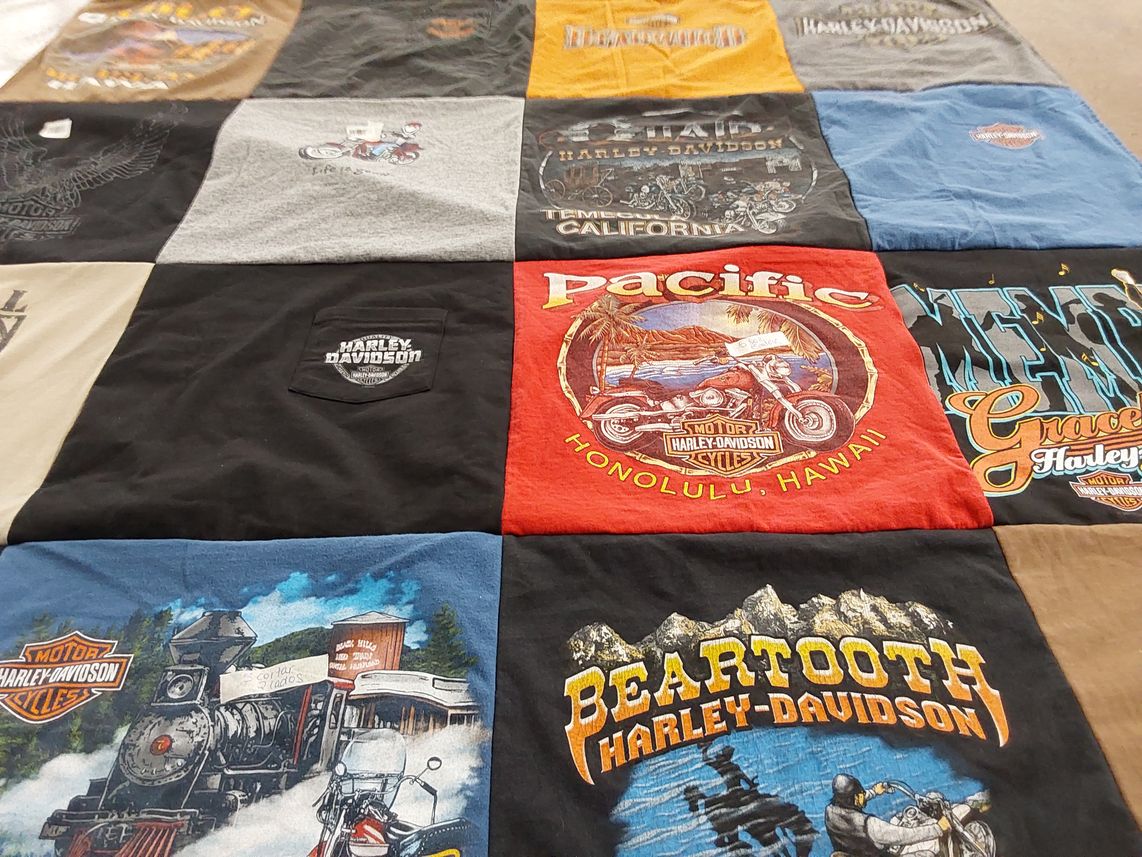 T-shirt quilt with motorcycles, travel themes by Mary ellen from NY