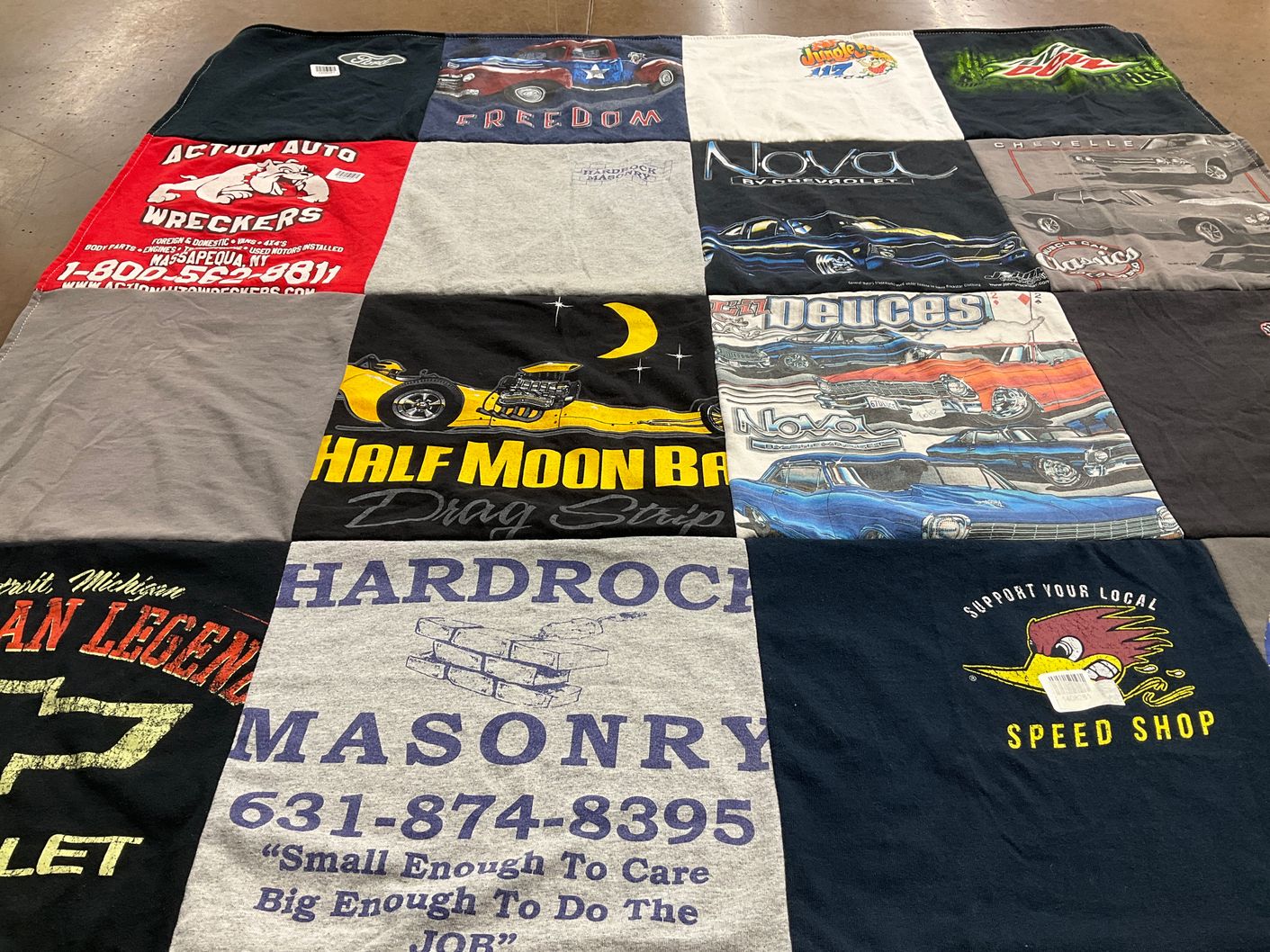 T-shirt quilt with drag racing, automobiles themes by Maria from NY