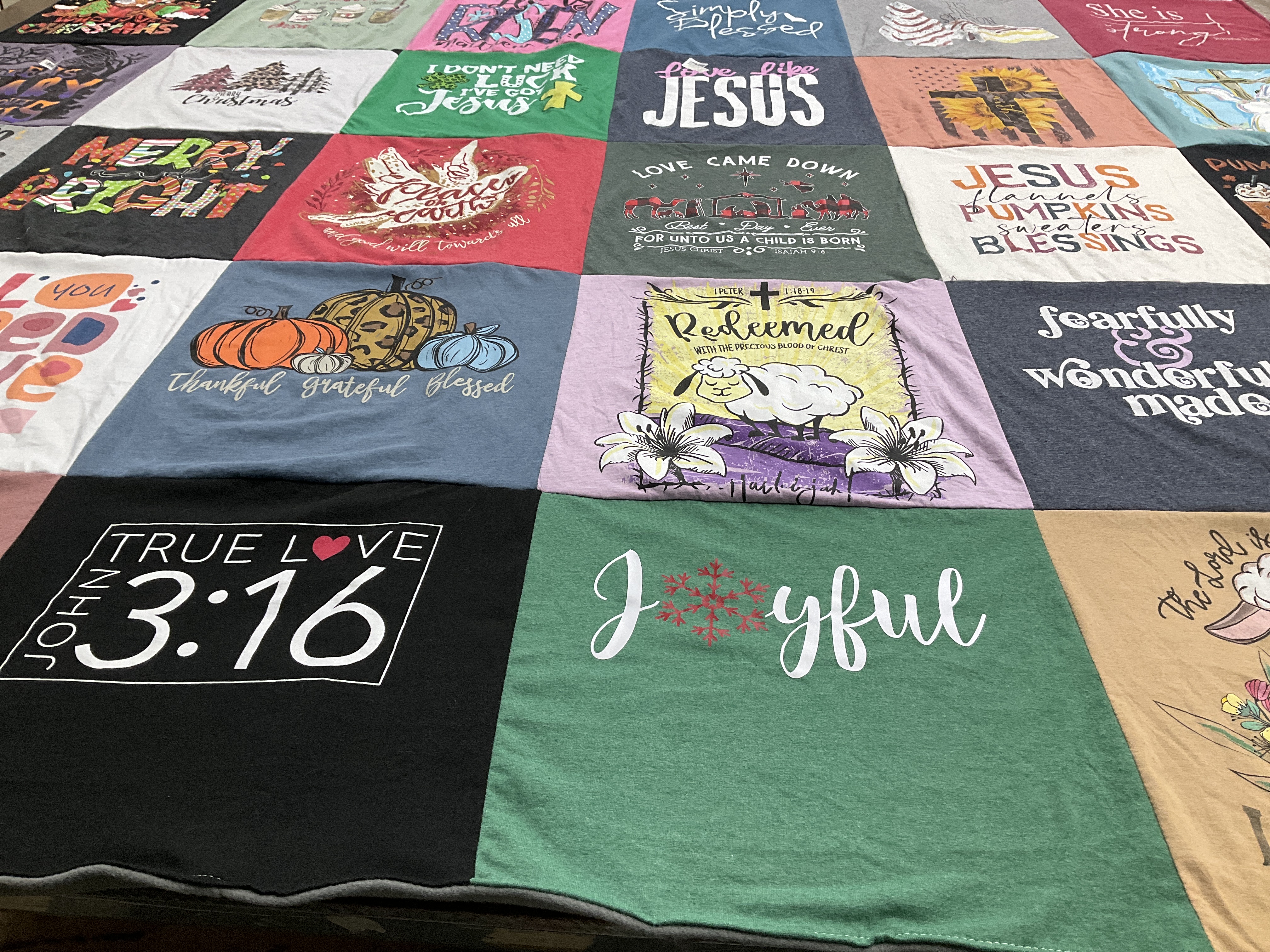 T-shirt quilt with religion, christianity themes by Lynn from GA