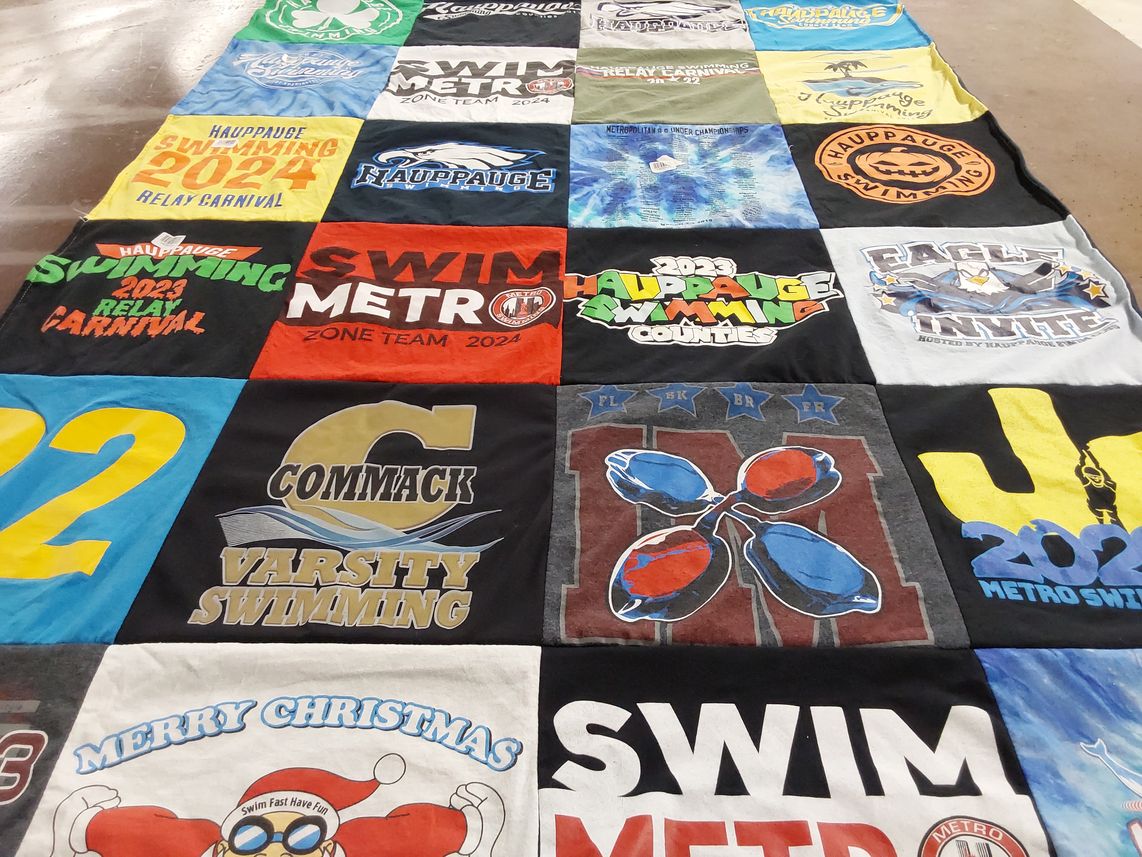 T-shirt quilt featuring hauppauge swim team, commack varsity swimming team by Tracy from NY
