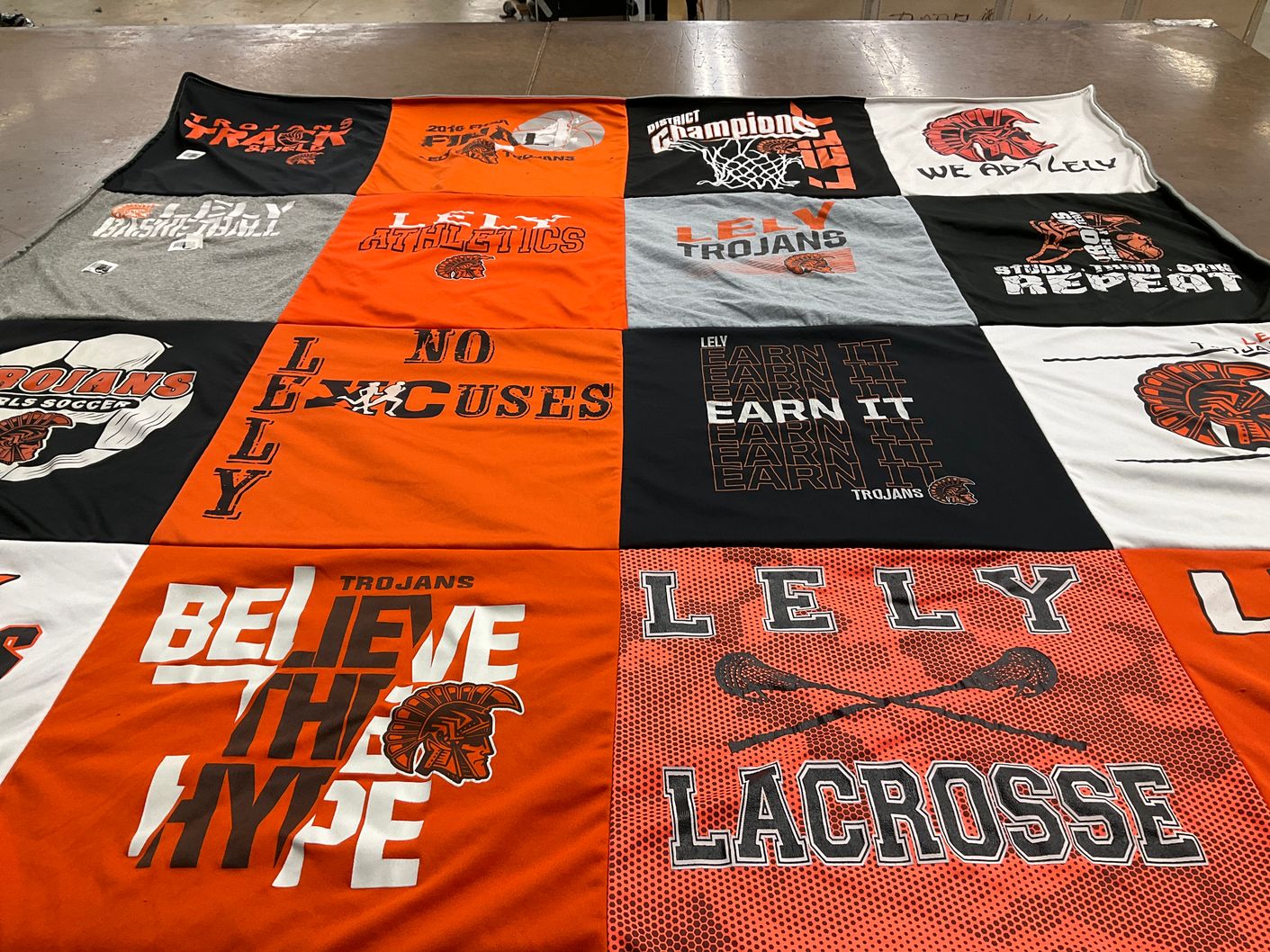 T-shirt quilt featuring lely trojans by Sander from FL