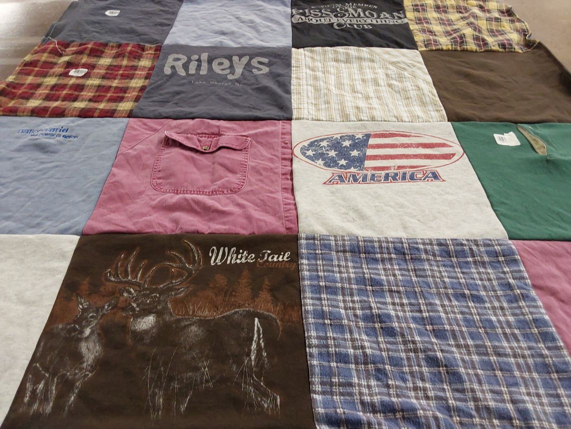 T-shirt quilt with hunting, outdoor activities themes by Amelia from NY