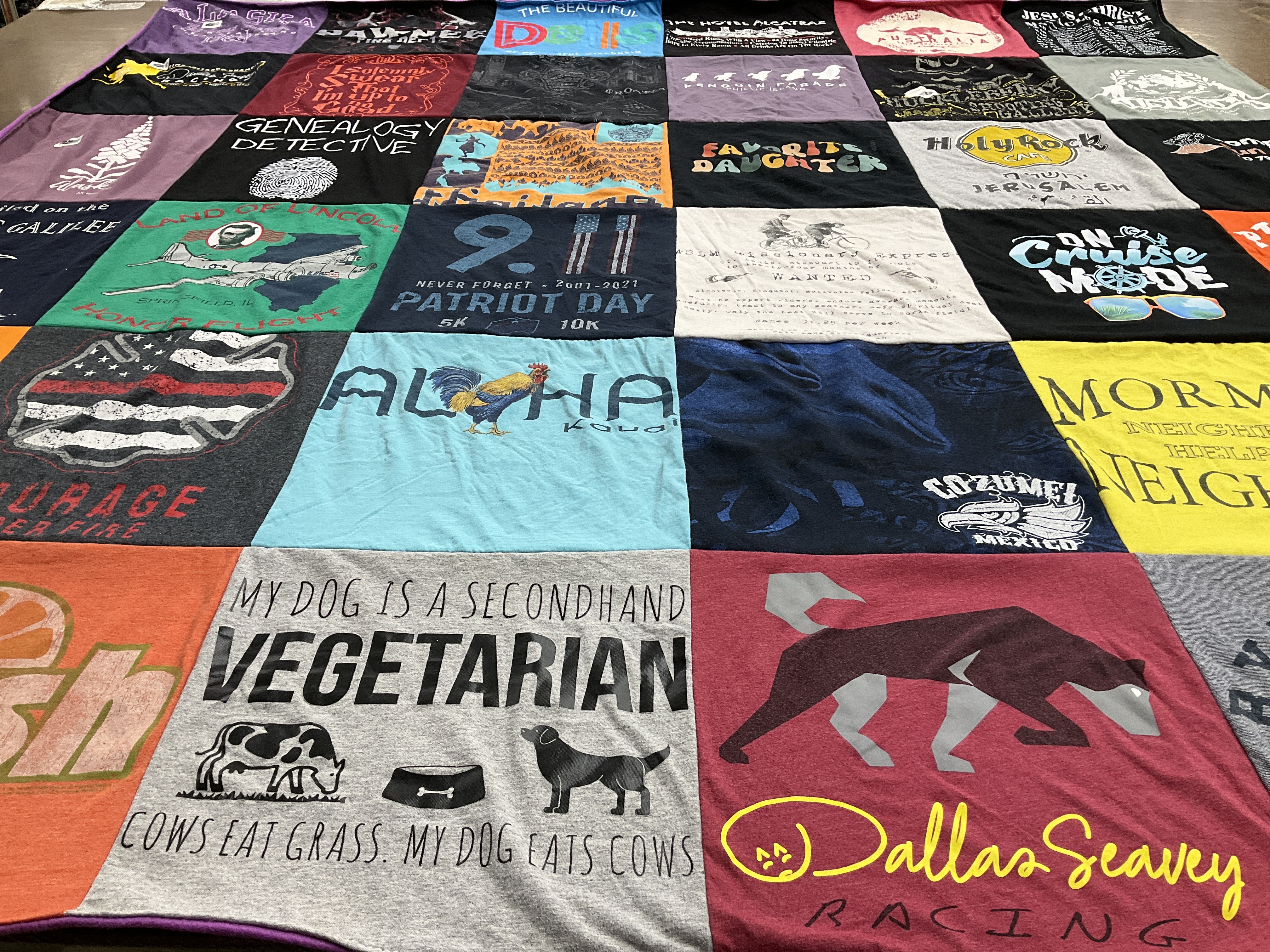 T-shirt quilt with genealogy, vegetarianism themes by Juli from ID