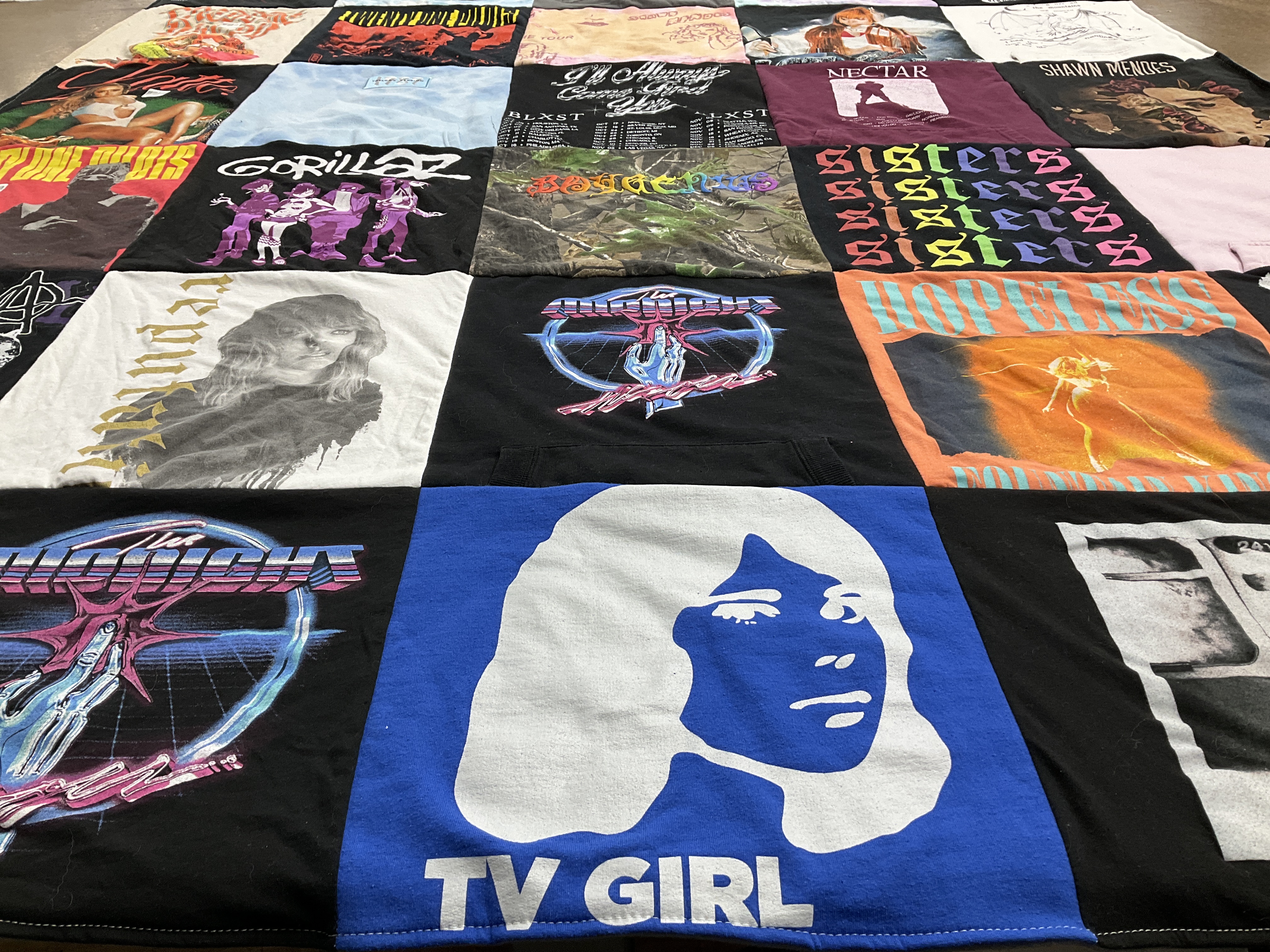 T-shirt quilt with music, art themes by Kerry from CA