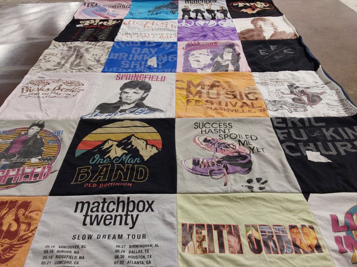 T-shirt quilt with music, concerts themes by Dawn from NE