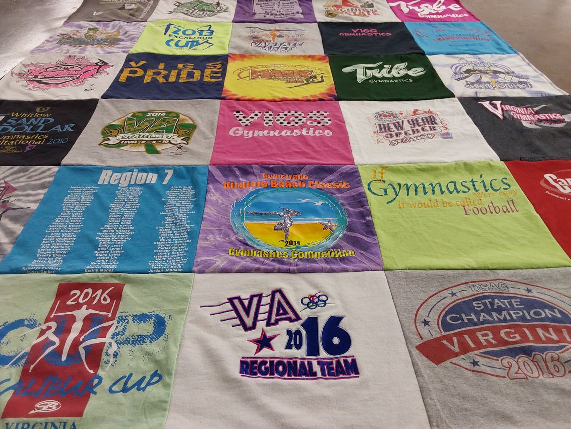 T-shirt quilt with gymnastics, sports themes by Shannon from VA