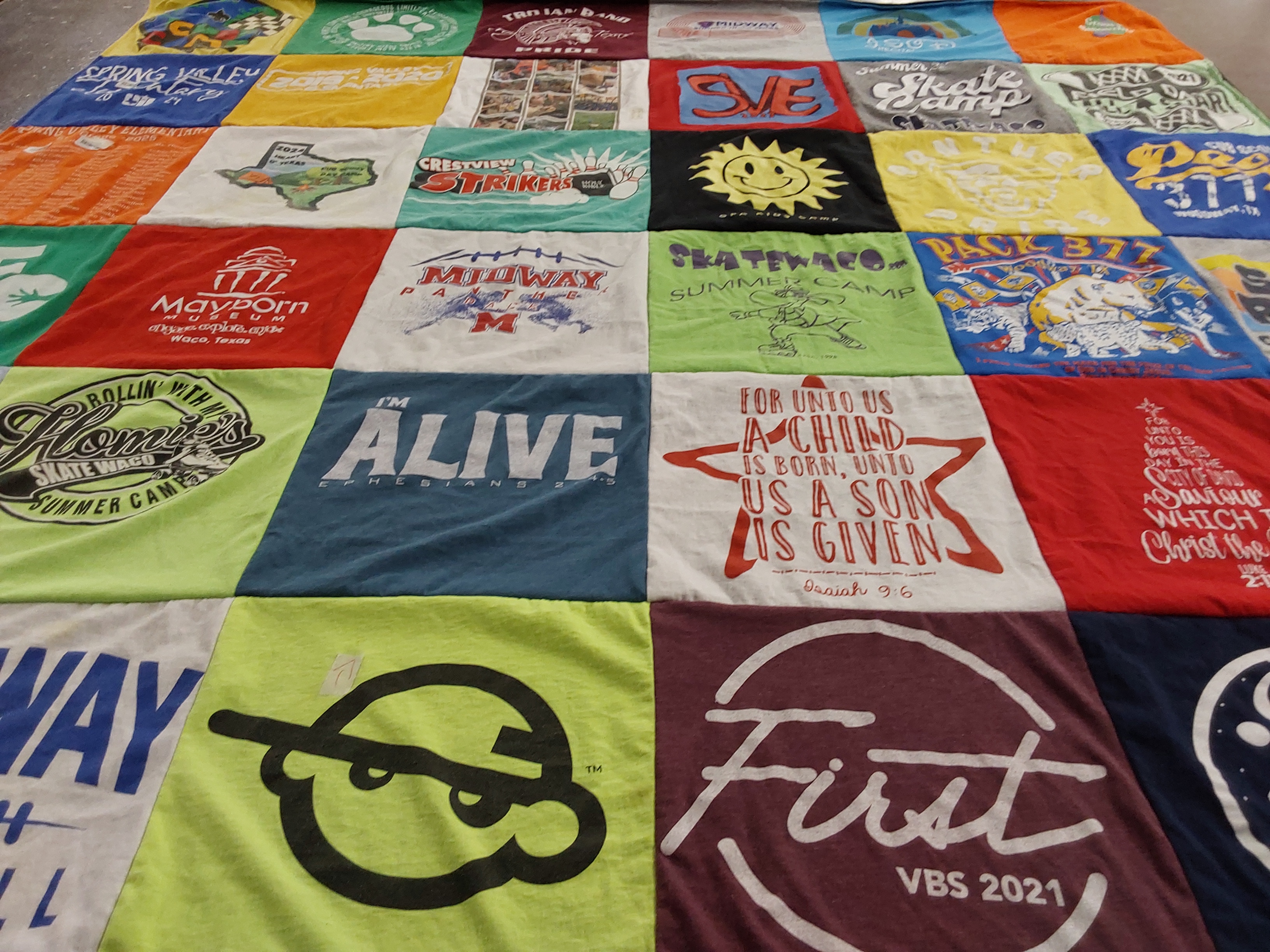 T-shirt quilt with summer activities, camping themes by Joy from TX