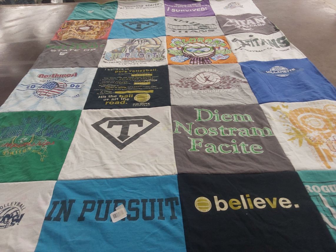 T-shirt quilt with volleyball, sports themes by Sydney from OR
