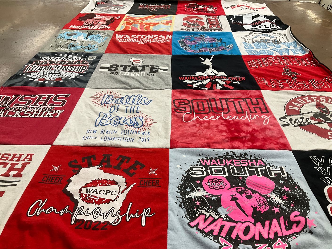 T-shirt quilt featuring waukeshaw south cheerleading team by Demetria from WI