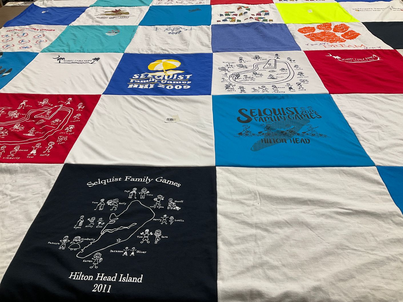 T-shirt quilt with family activities, games themes by Lynn from SC