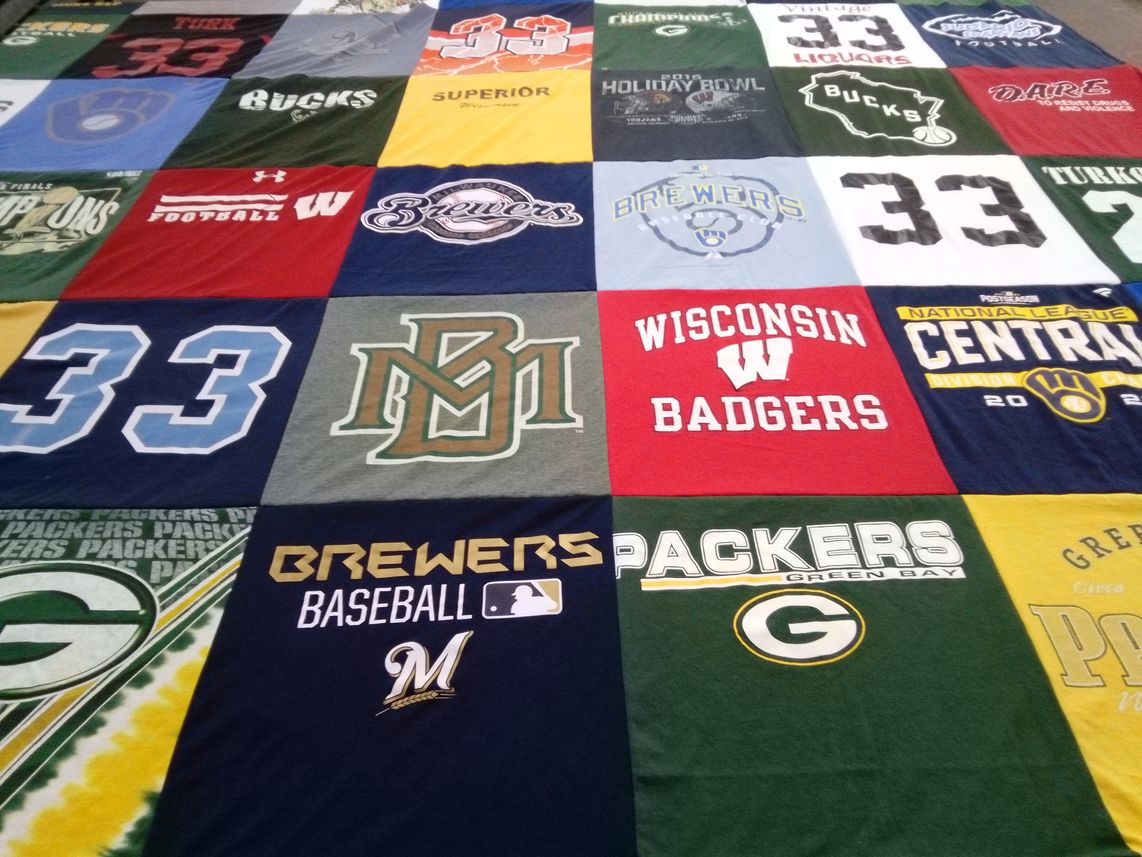 T-shirt quilt featuring green bay packers, milwaukee brewers by Jacob from MN