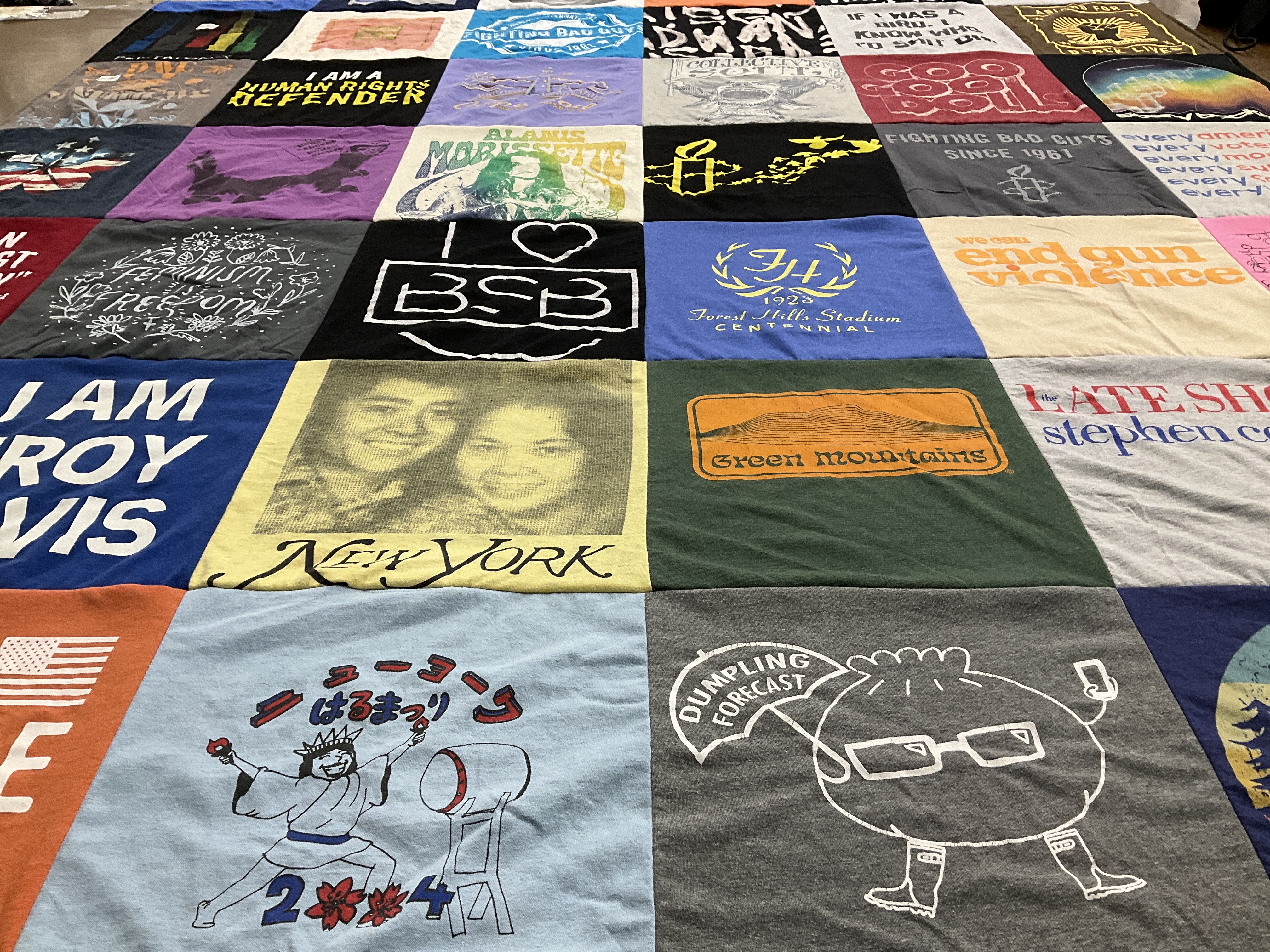 T-shirt quilt with human rights, music themes by VIVIAN from NY