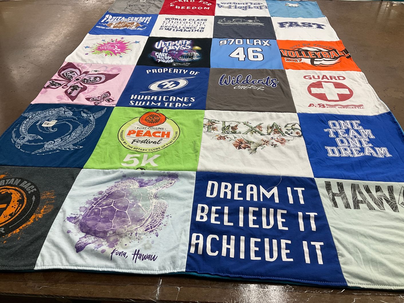 T-shirt quilt with swimming, sports themes by Kristin from FL