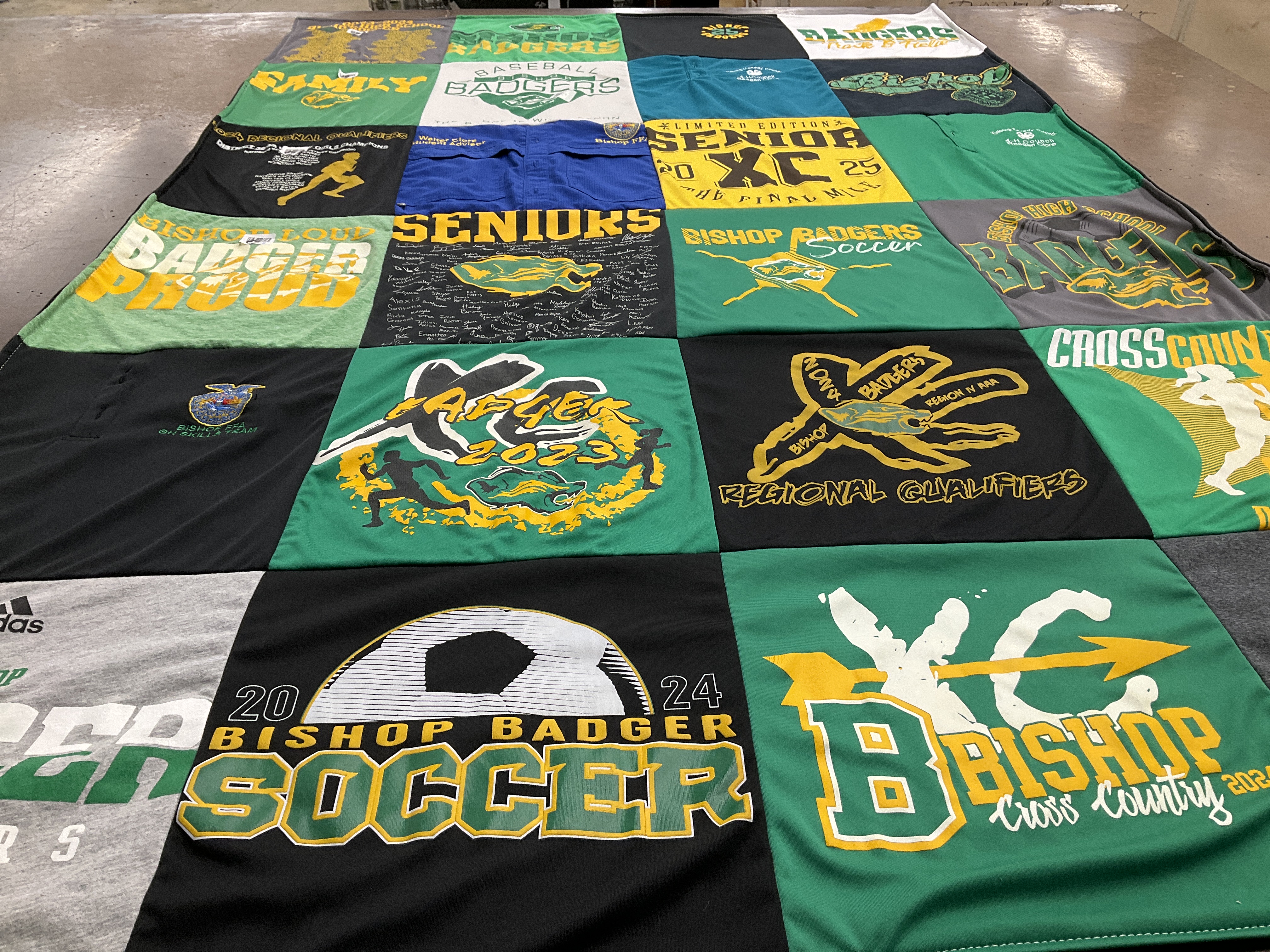 T-shirt quilt featuring bishop badger soccer team, bishop cross country team by Carolyn from TX