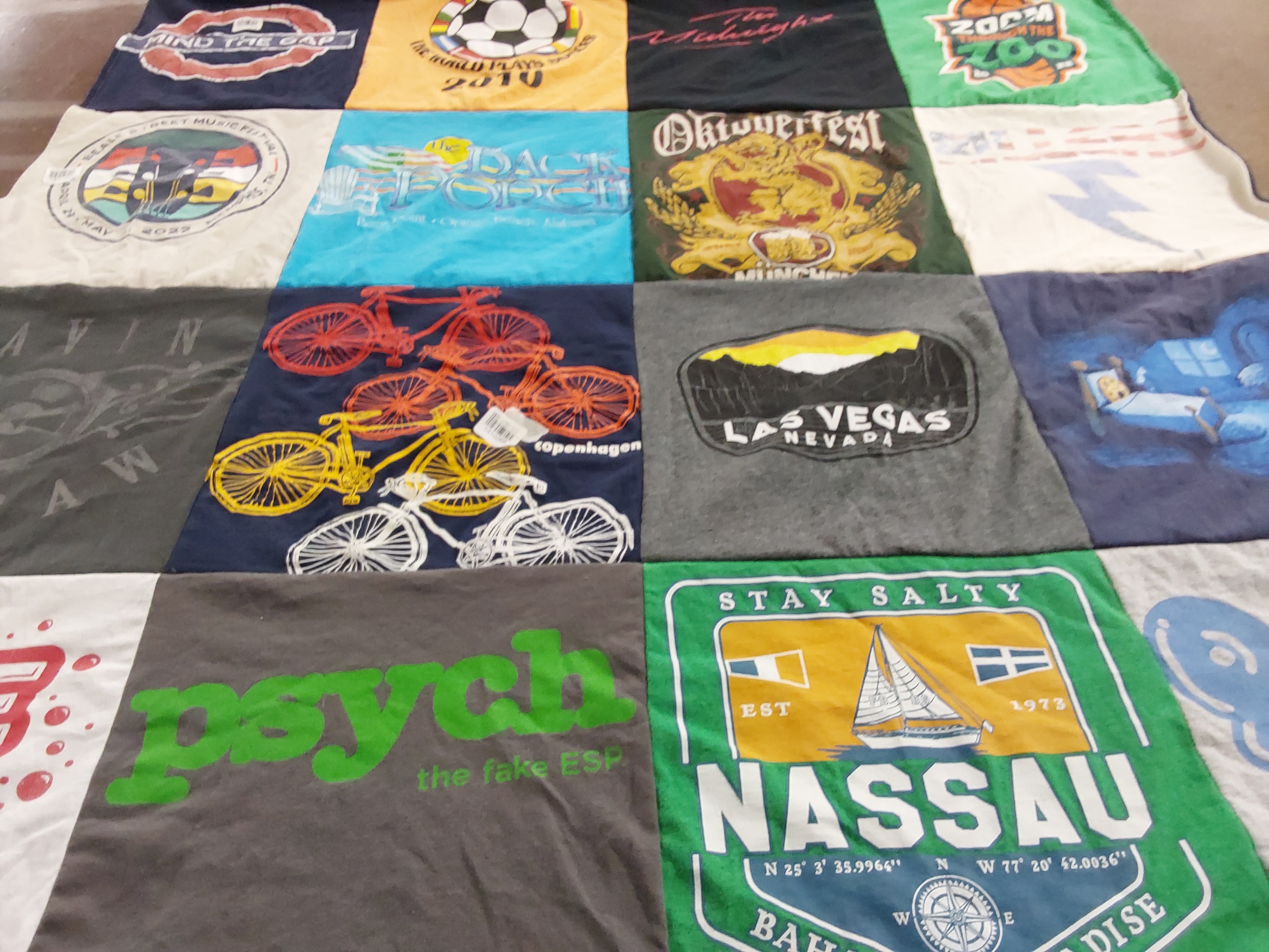 T-shirt quilt with music, bicycles themes by Graham from TN