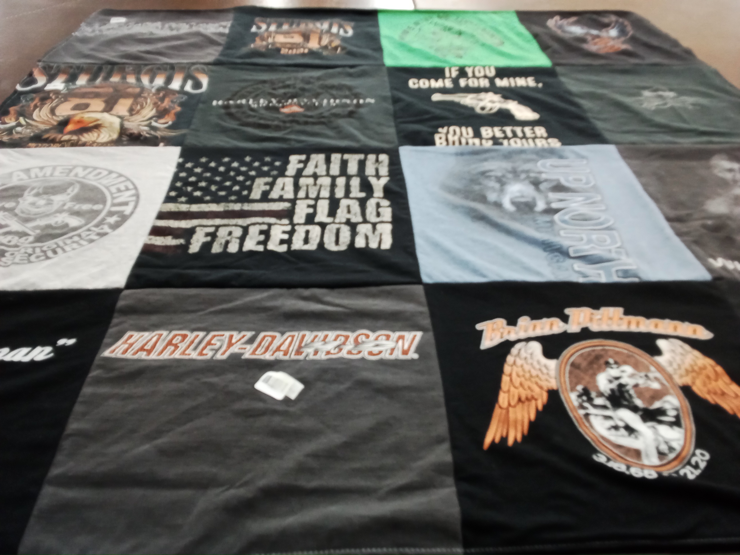 T-shirt quilt with motorcycles, family themes by Jenine from MN