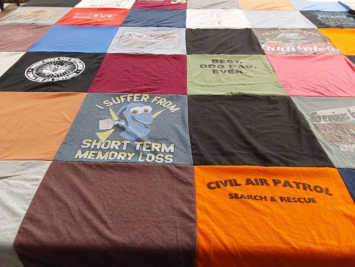 T-shirt quilt with humor, dogs themes by Leigh from NC