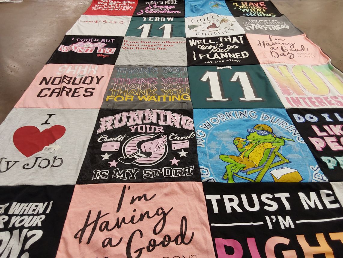 T-shirt quilt with humor, job satisfaction themes by Jennifer from PA