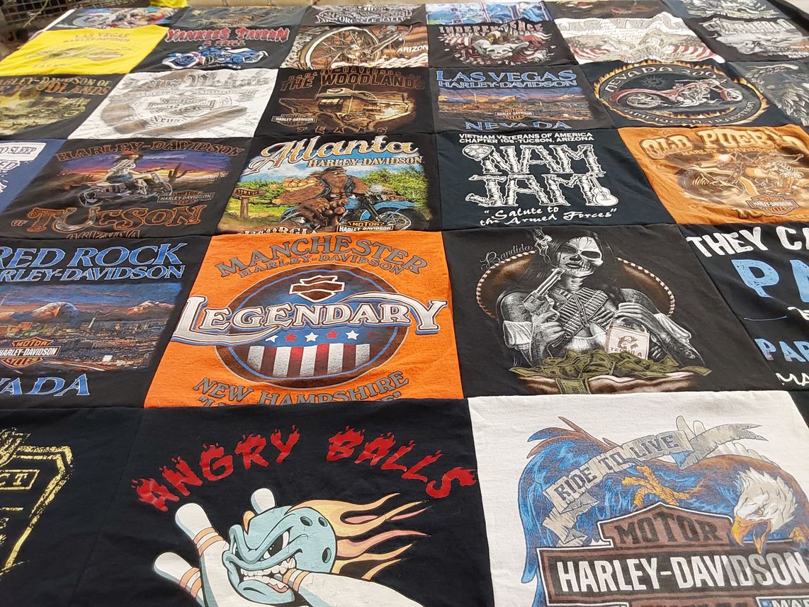 T-shirt quilt with motorcycles, biking themes by Michele from TX