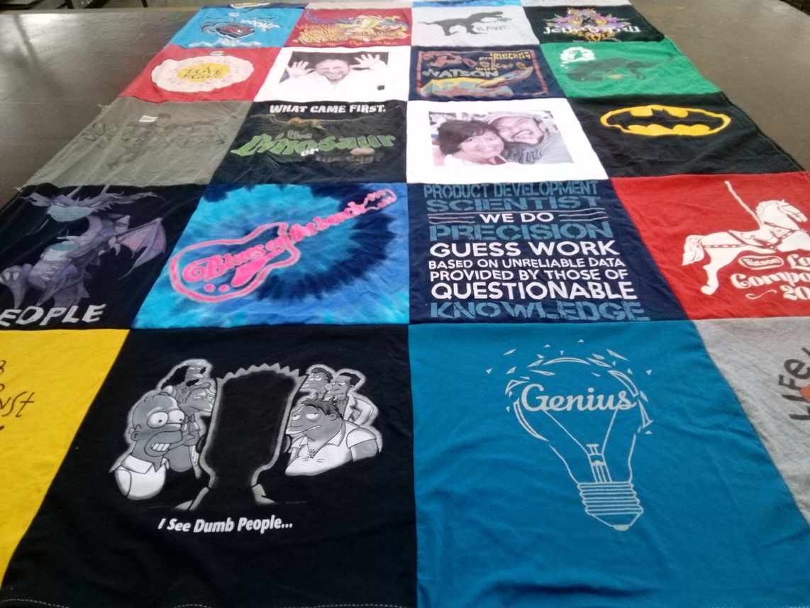 T-shirt quilt with comedy, science themes by Marie from CT