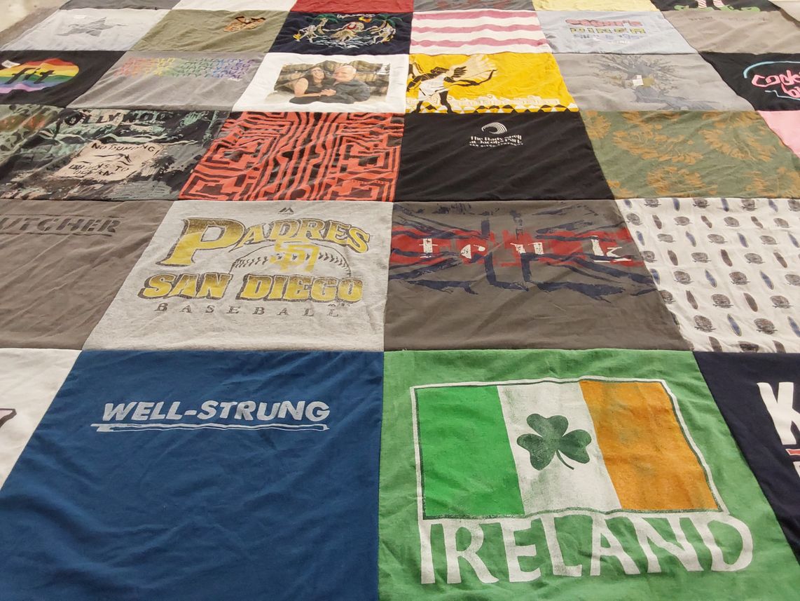 T-shirt quilt with baseball, travel themes by Steven from FL