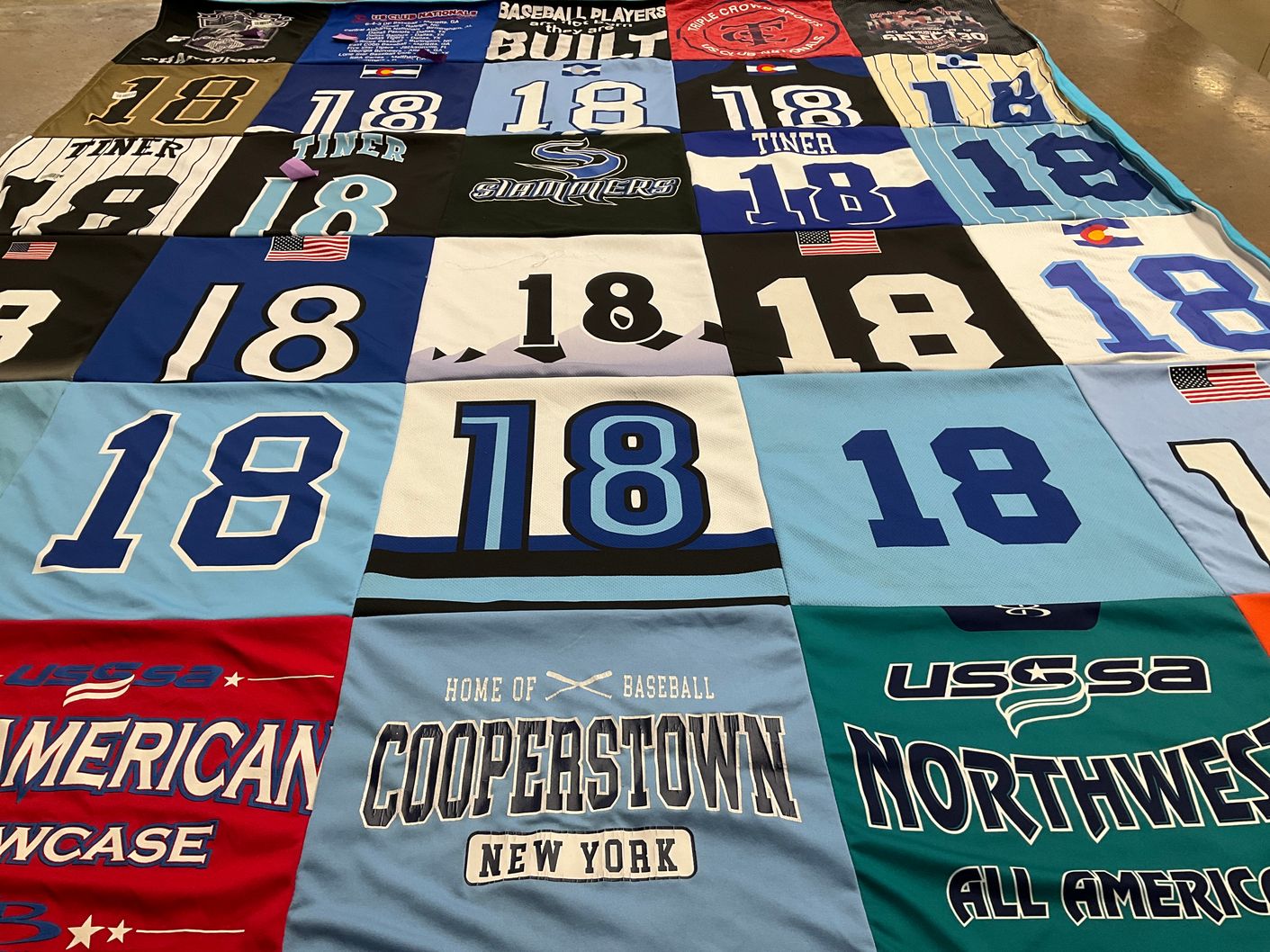 T-shirt quilt with baseball themes by Cal from CO