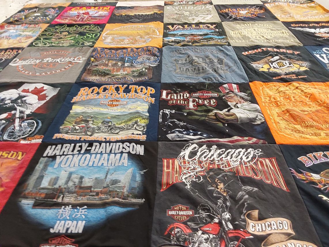 T-shirt quilt with motorcycles, travel themes by Julie from NC
