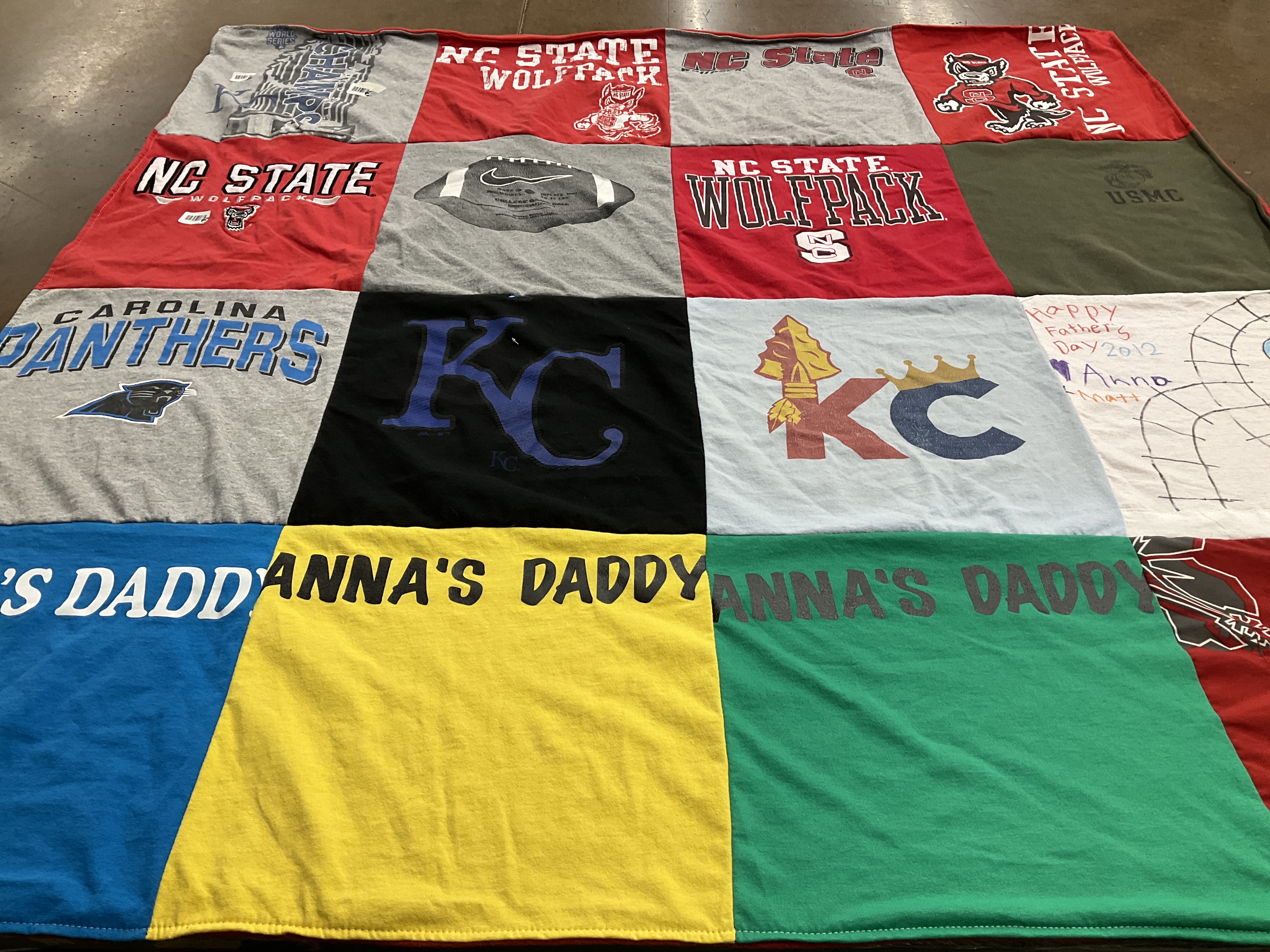 T-shirt quilt featuring carolina panthers, kansas city chiefs by Stacey from KS