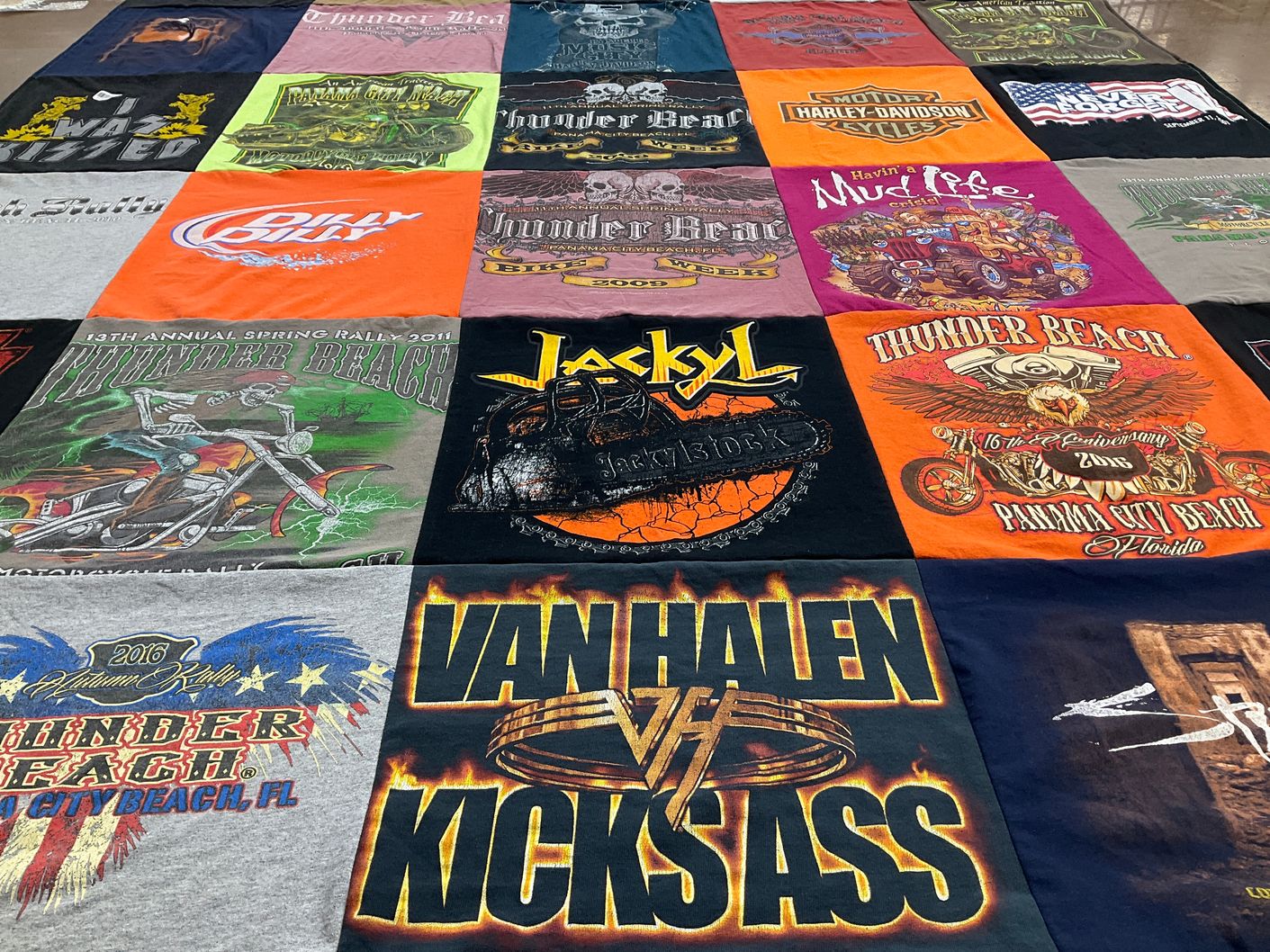 T-shirt quilt with motorcycles, music themes by Nicole from IN