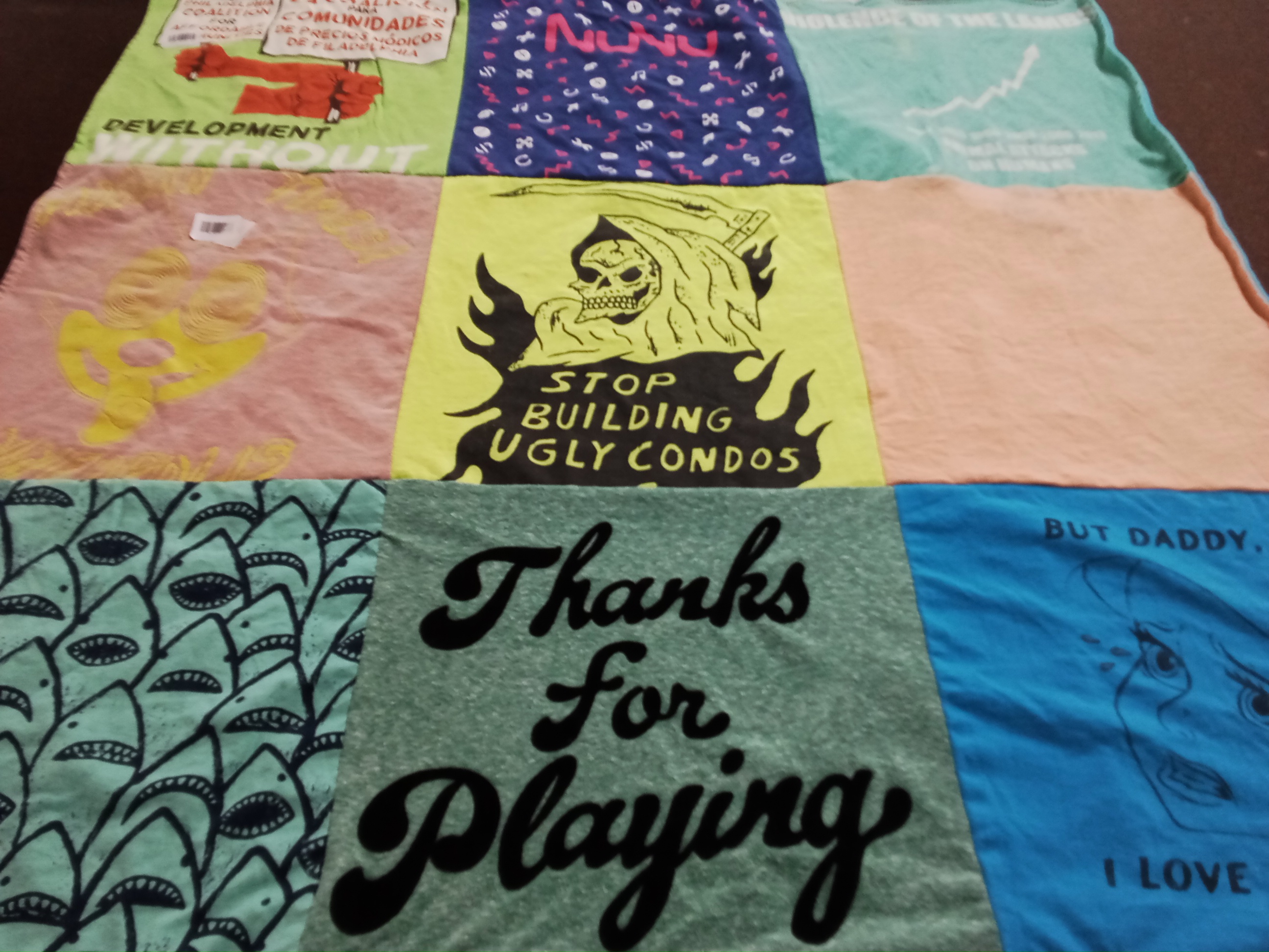 T-shirt quilt with community activism, environmentalism themes by Mary from MN